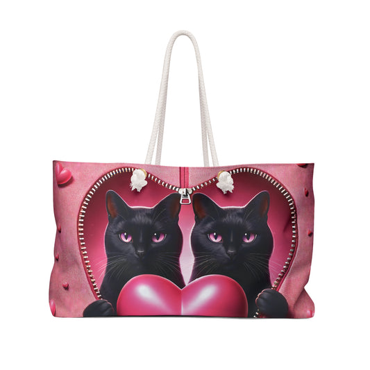 Personalised/Non-Personalised Weekender Bag, Cute Cat, Zipper, Valentines Day, Large Weekender Bag, Beach Bag, Book Bag