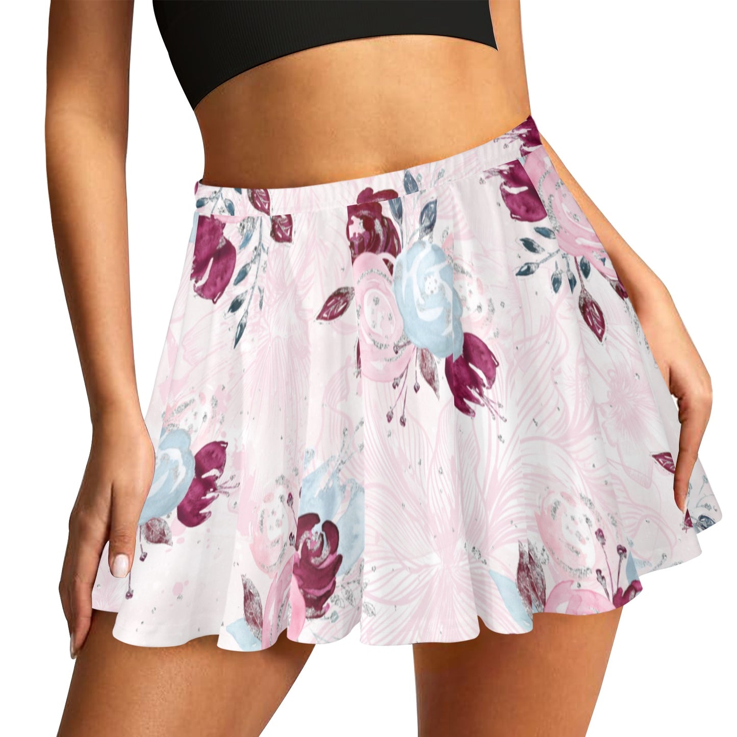 Skater Skirt Roses Blue and Pink Skater Skirt (Model D69)