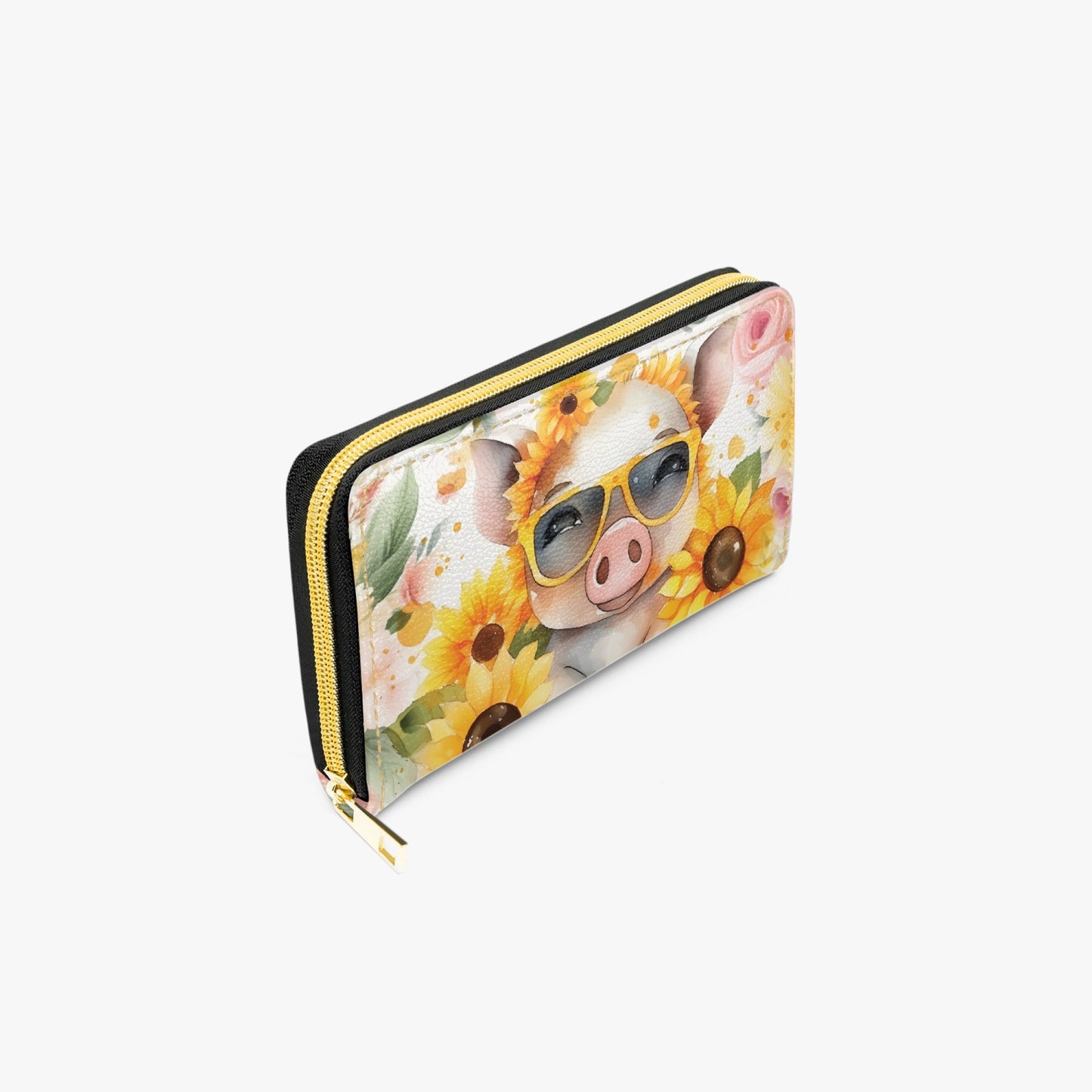 Long Type Zipper Purse, Pig, Sunflowers, awd-658