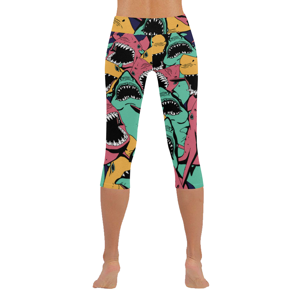 Angry Shark Seamless Pattern Sea Life Women's Low Rise Capri Leggings (Invisible Stitch)