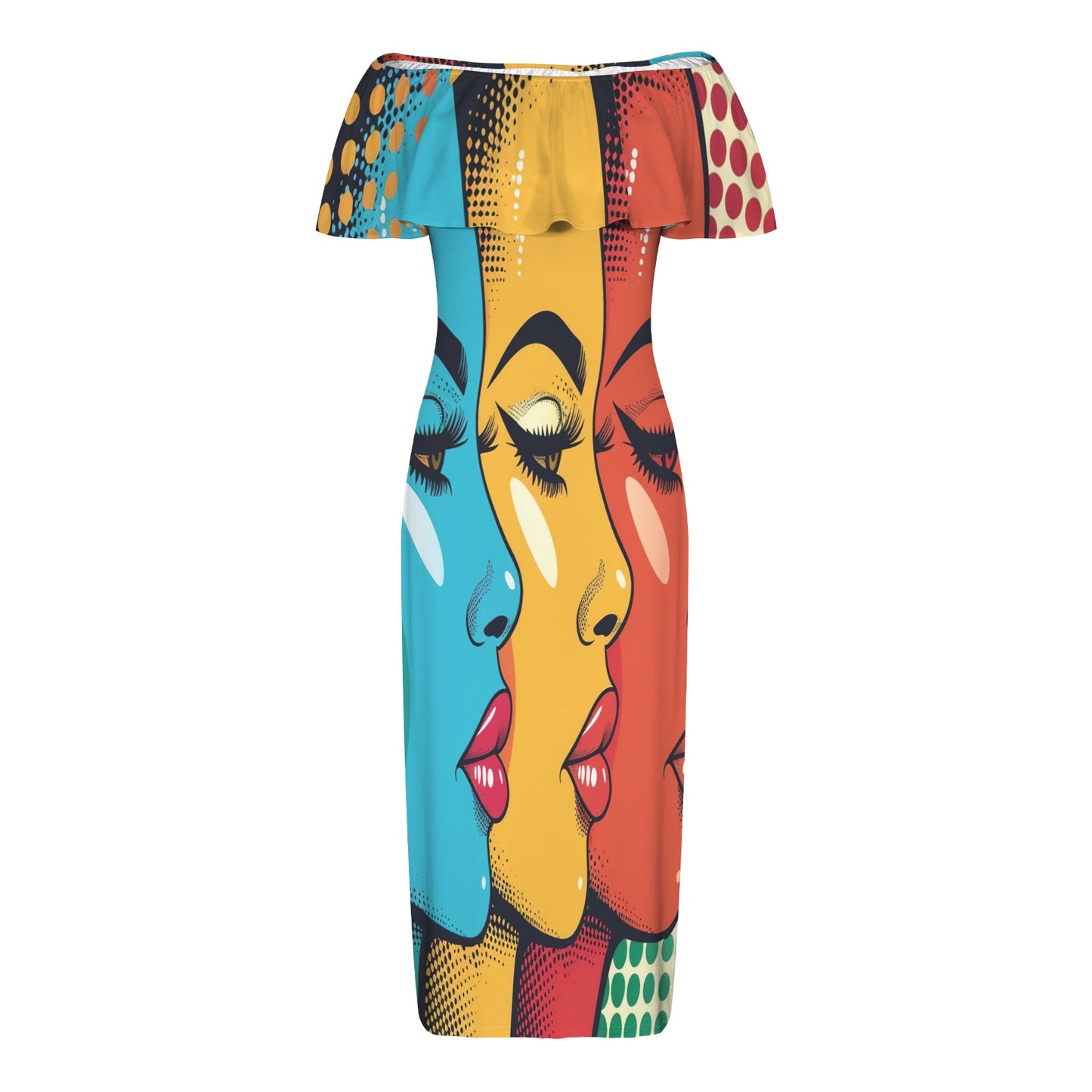 Pop art awd711 Women's Off Shoulder Ruffle Boat Neck Dress (Model D71)