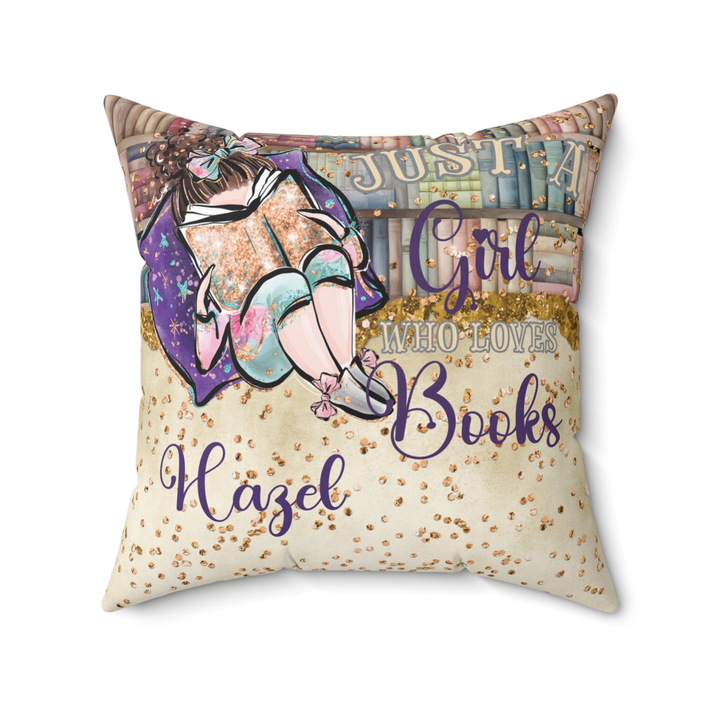 Polyester Square Pillow, Just a Girl who Loves Books, Brunette Hair