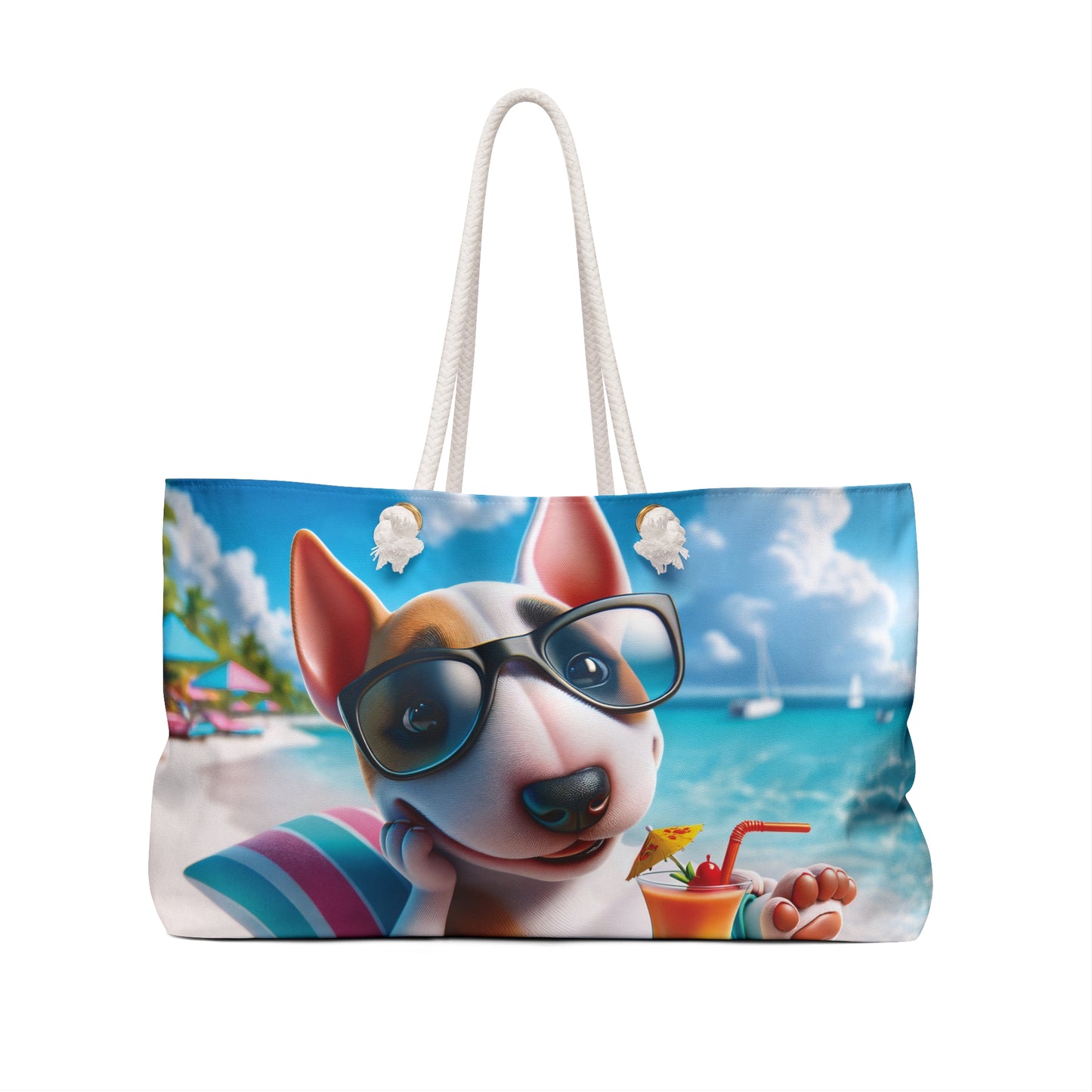 Personalised/Non-Personalised Weekender Bag, Summer Beach Dog, Miniature Bull, Large Weekender Bag, Beach Bag, Book Bag