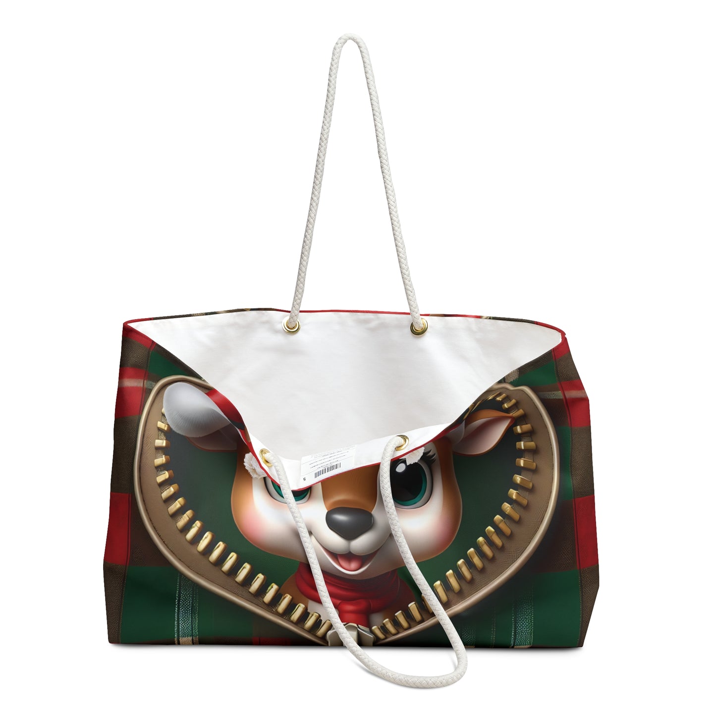 Personalised/Non-Personalised Weekender Bag, Cute Reindeer, Christmas, Tartan, Large Weekender Bag, Beach Bag, Book Bag