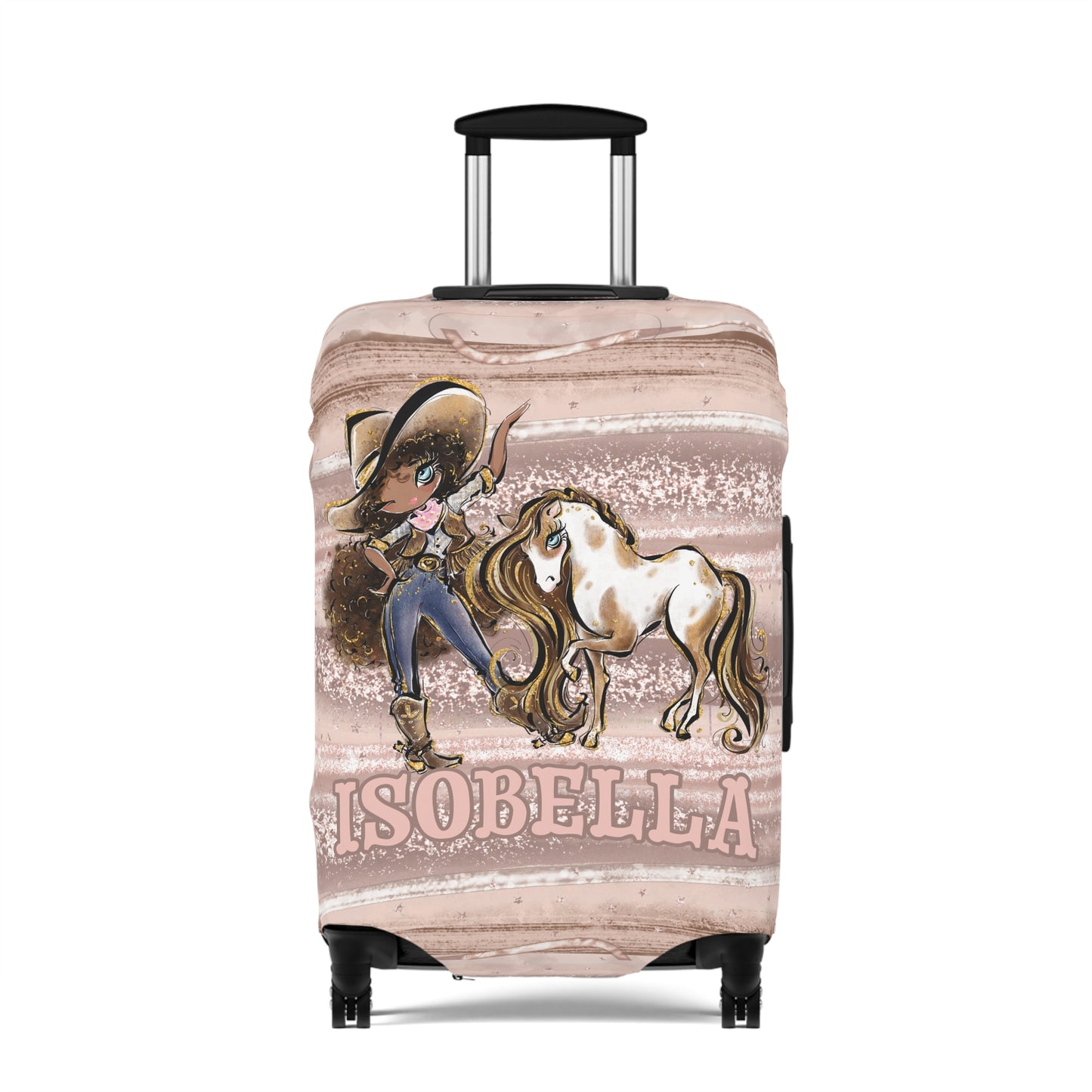 Luggage Cover, Howdy Cowgirl and Horse, Brunette Curly Hair Olive Skin Blue Eyes