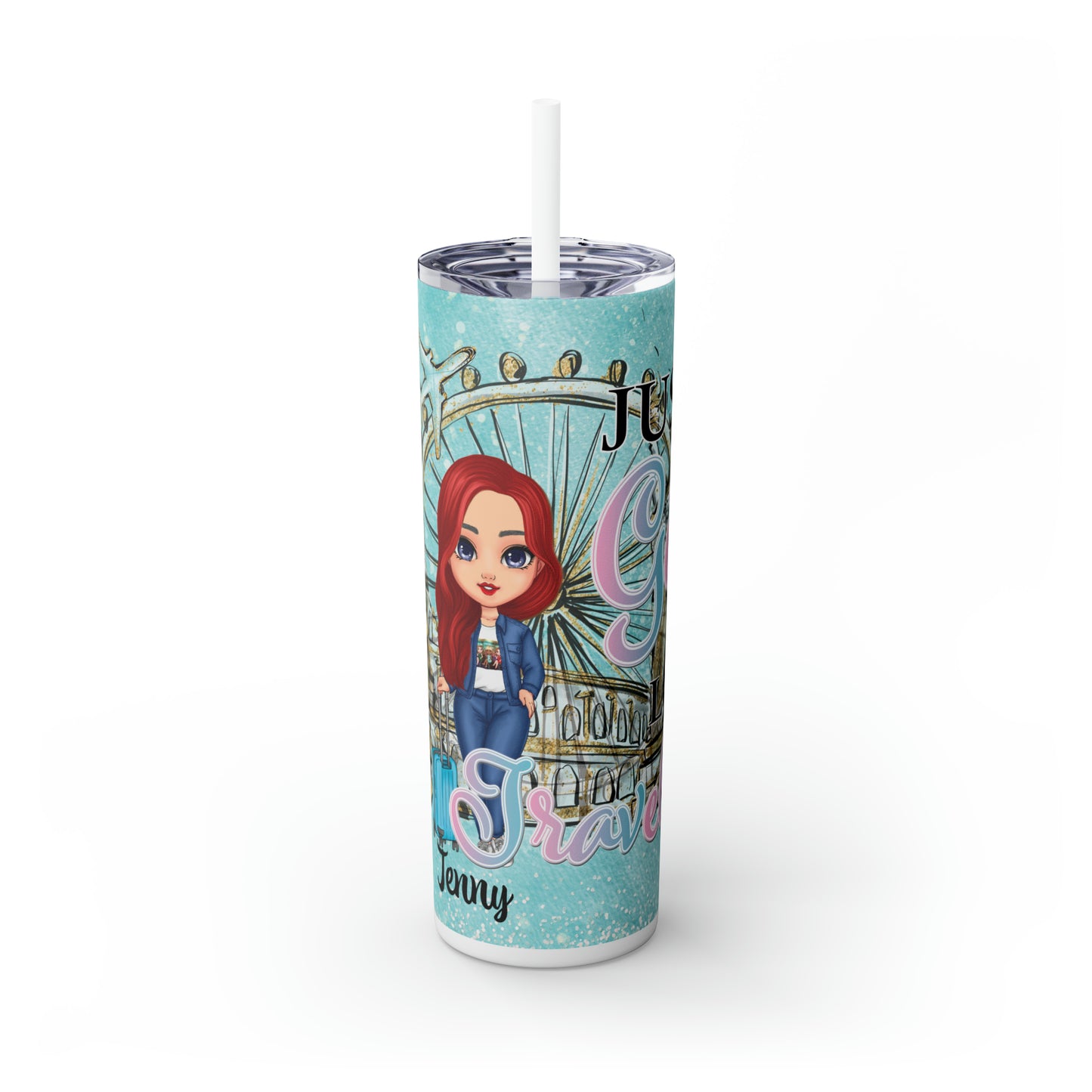 Skinny Tumbler with Straw, 20oz, Personalized, Just A Girl Who Loves Travelling, Red Hair