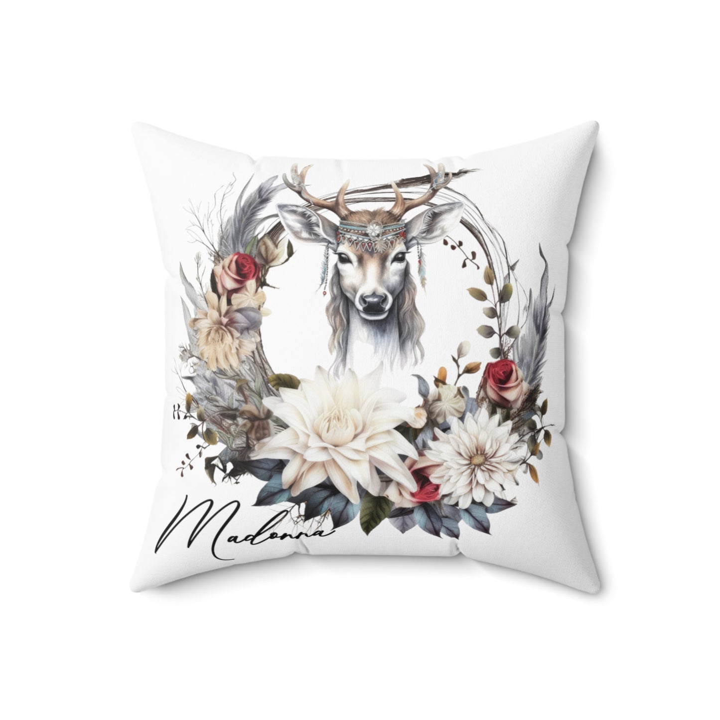 Personalised Boho Reindeer Wreath Cushion, Polyester Square Cushion, Christmas cushion