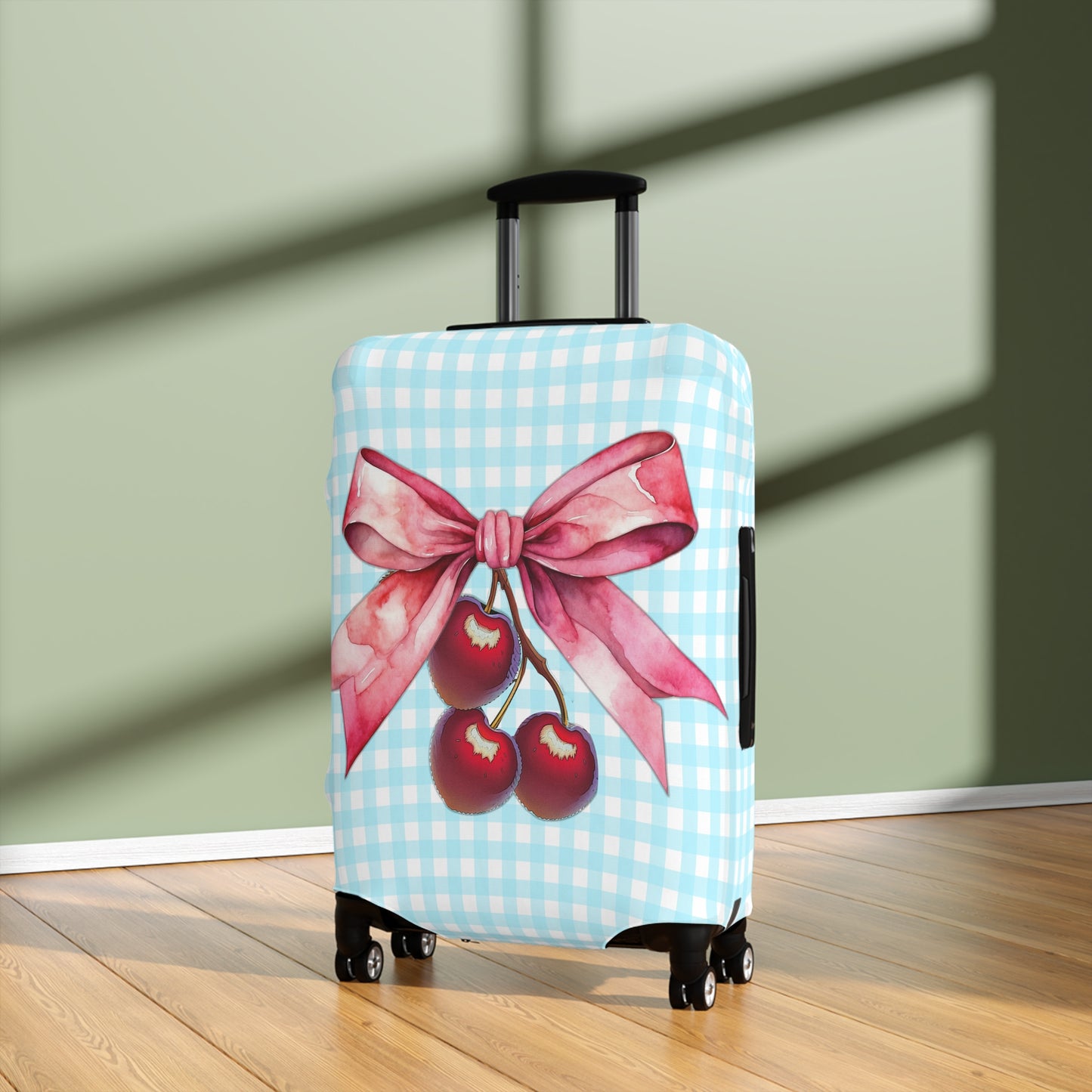 Luggage Cover, Rockabilly, Coquette, Pastel Blue Gingham, Cherries and Ribbon, awd-2513