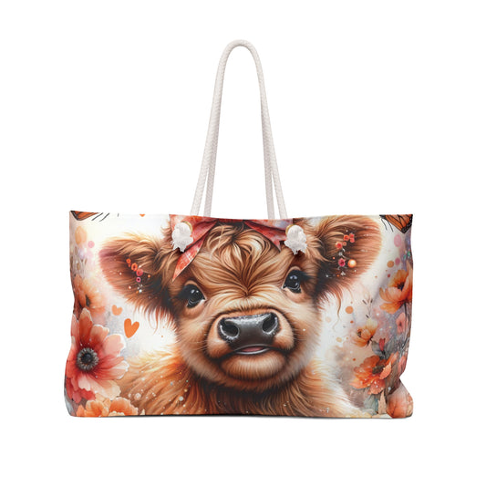 Personalised/Non-Personalised Weekender Bag, Highland Cow, Large Weekender Bag, Beach Bag, Book Bag