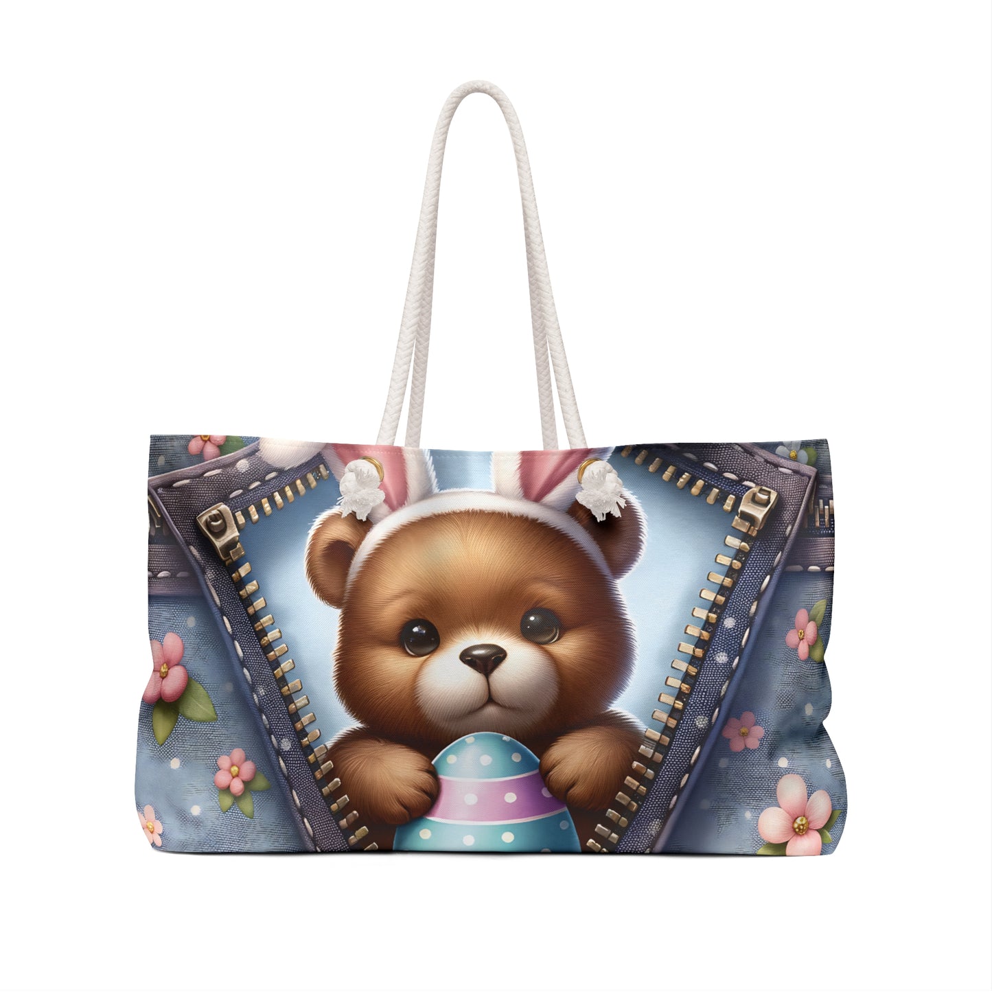 Personalised/Non-Personalised Weekender Bag, Easter, Cute Bear with Bunny Ears, Large Weekender Bag, Beach Bag, Book Bag