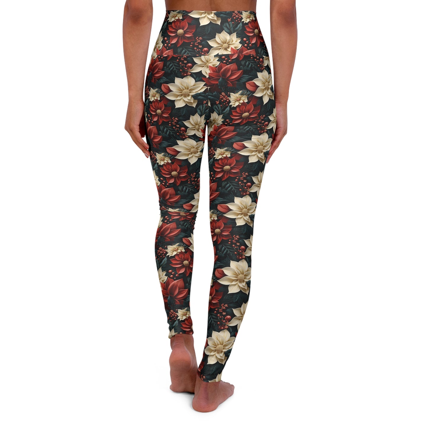 High Waisted Yoga Leggings, White Poinsettia