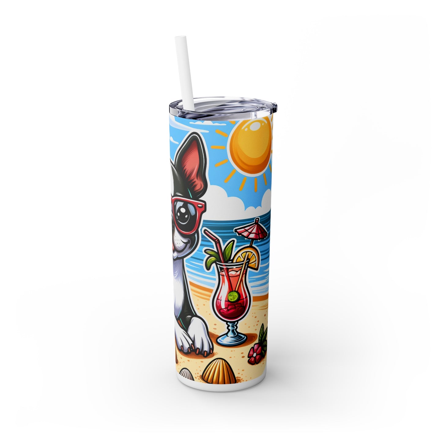 Skinny Tumbler with Straw, 20oz, Dog on Beach, BostonTerrier, awd-1103