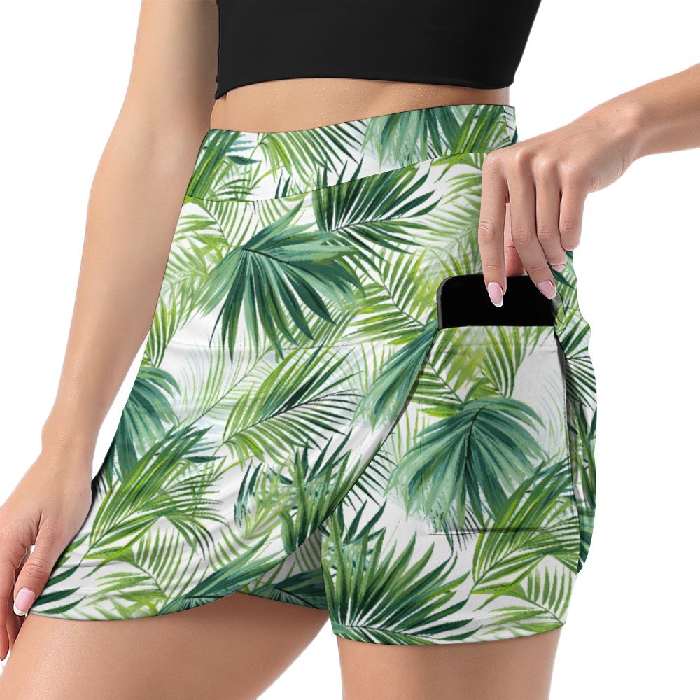 Green Palm Leaves A-Line Skirt with Pocket Light proof trouser skirt