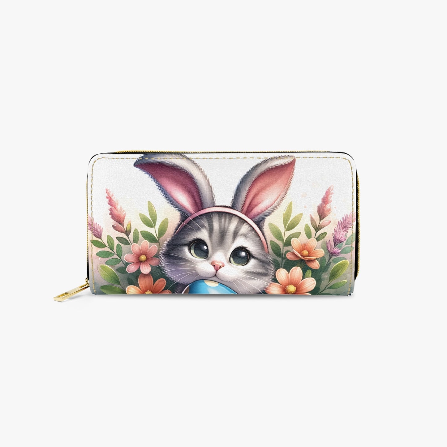 Long Type Zipper Purse, Easter Cat with Bunny Ears, awd-1308