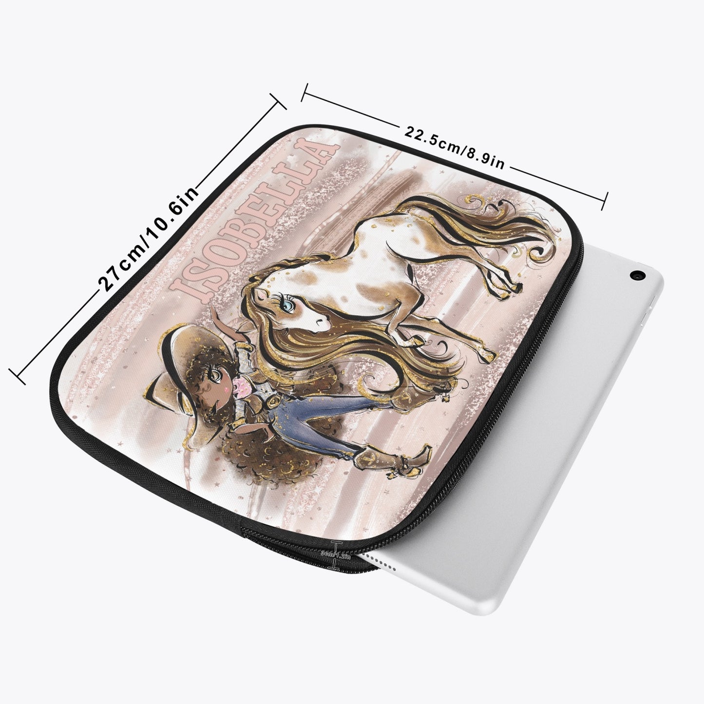 Tablet Sleeve - Howdy, Cowgirl and Horse, Brunette Curly Hair, Olive Skin, Brown Eyes