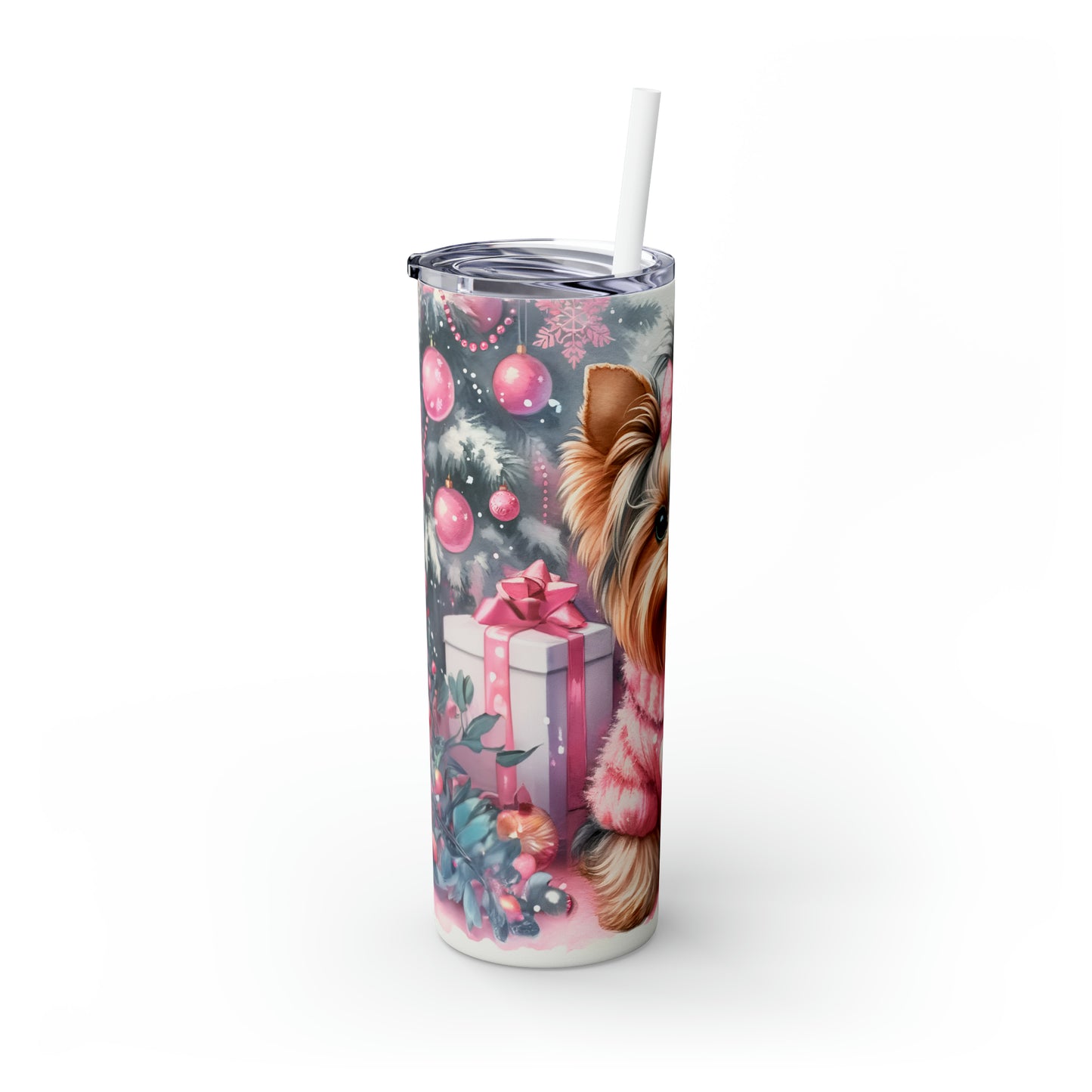 Skinny Tumbler with Straw, 20oz, Christmas Yorkshire Terrier, awd-222