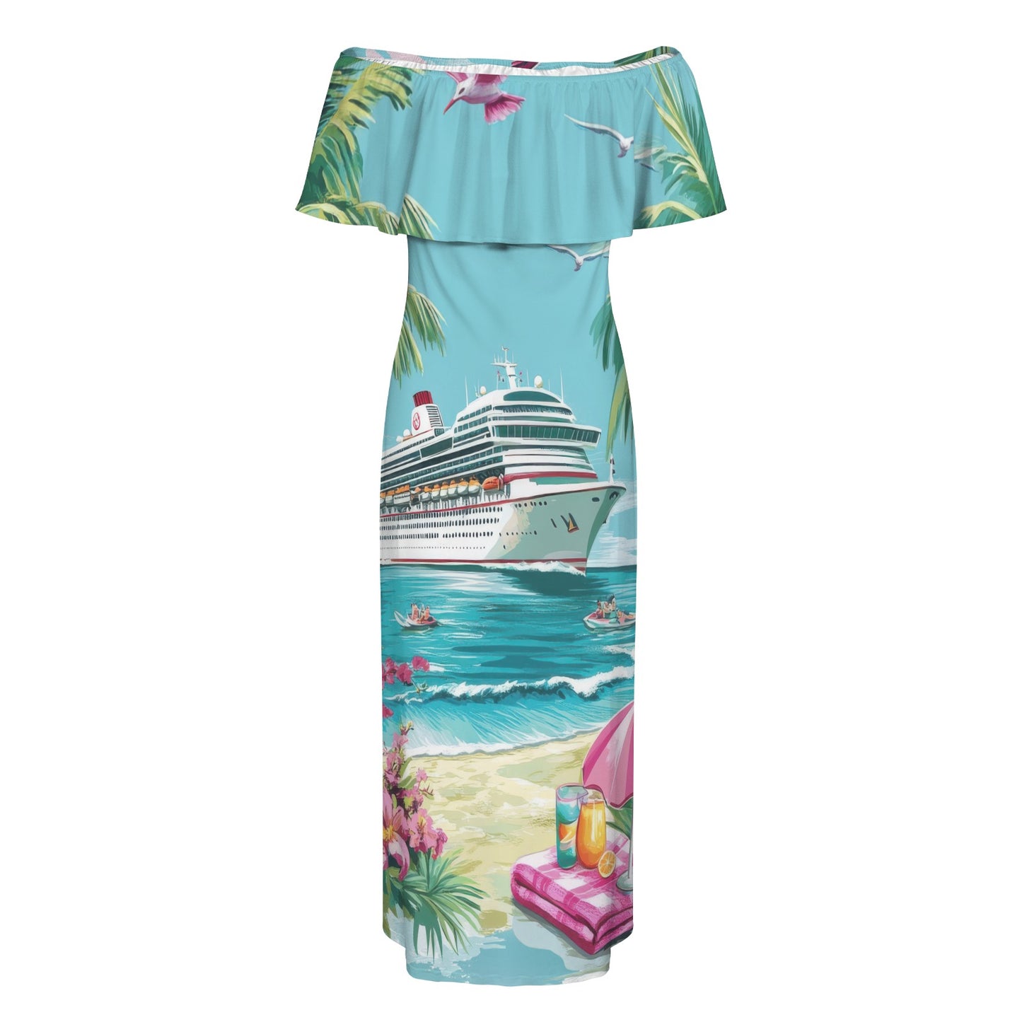 Cruise Women's Off Shoulder Ruffle Boat Neck Dress (Model D71)