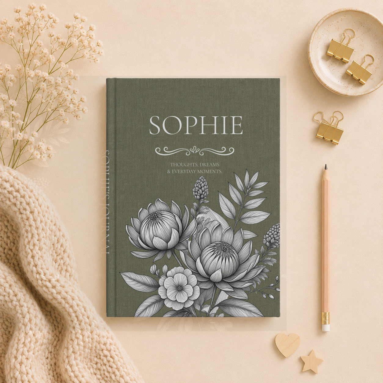 Personalized Linen-look Journal | Custom Hardcover Notebook | Australian Botanical Journal | Elegant Name Notebook