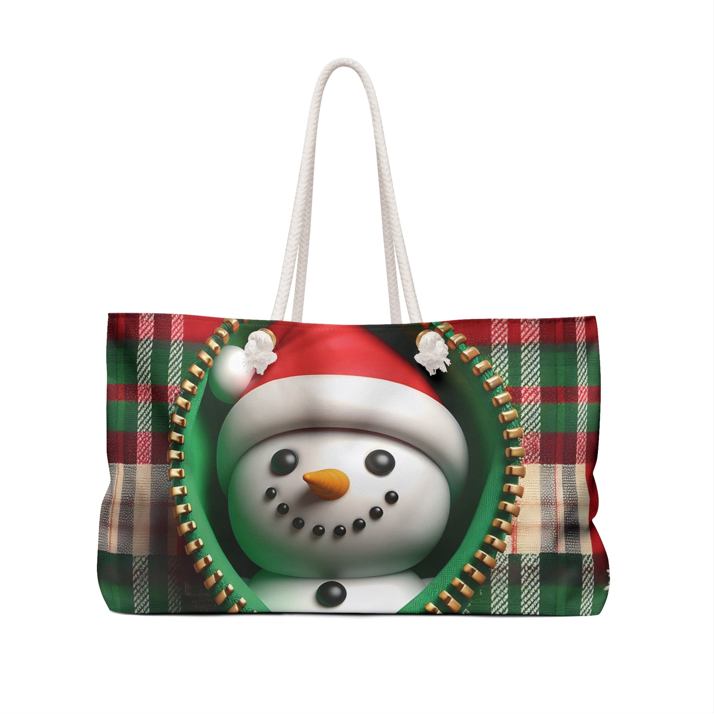 Personalised/Non-Personalised Weekender Bag, Cute Snowman, Christmas, Tartan, Large Weekender Bag, Beach Bag, Book Bag