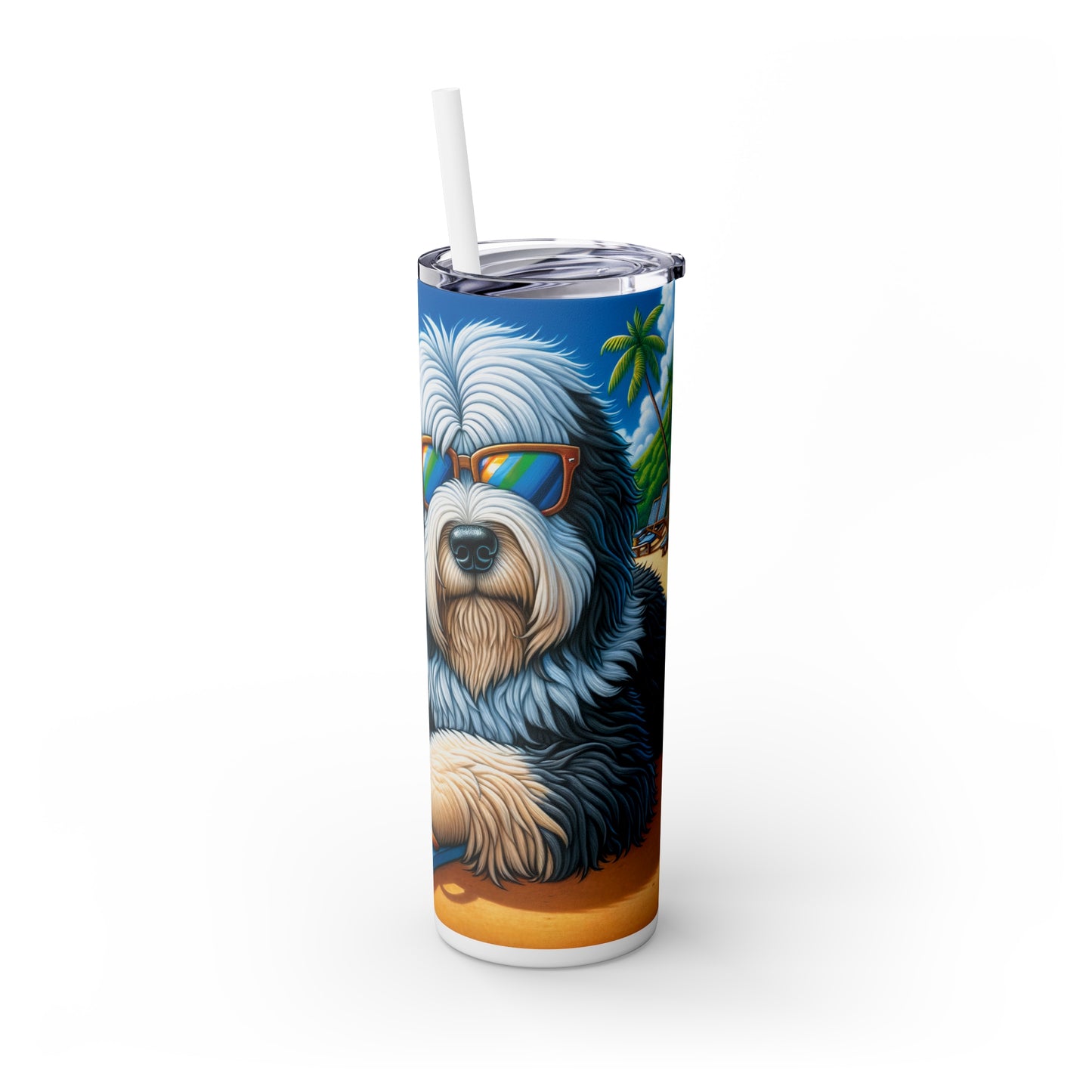 Skinny Tumbler with Straw, 20oz, Dog on Beach, Old English Sheepdog, awd-1228