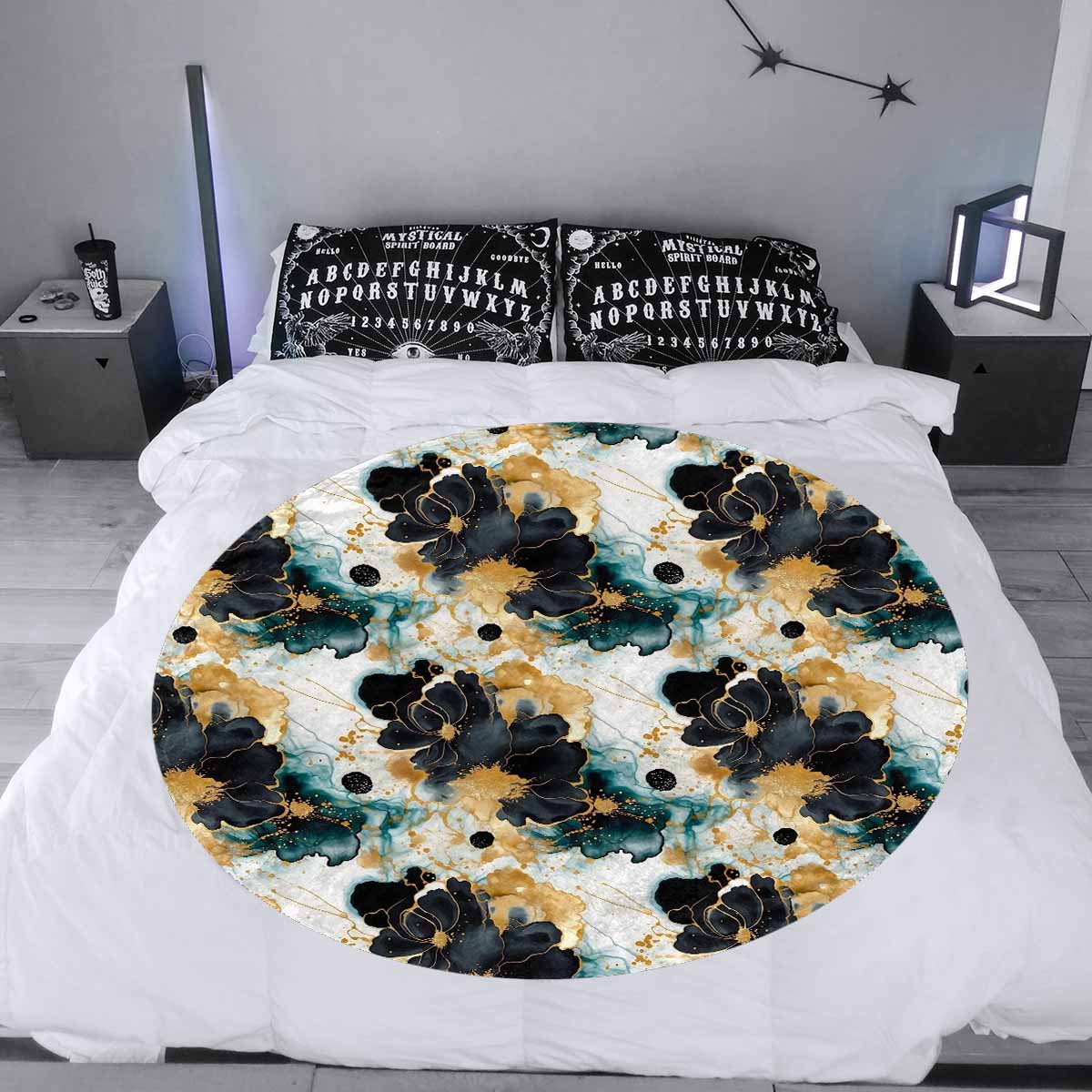 Black Gold & Green Ink Floral  Circular Micro Fleece Blanket 60"