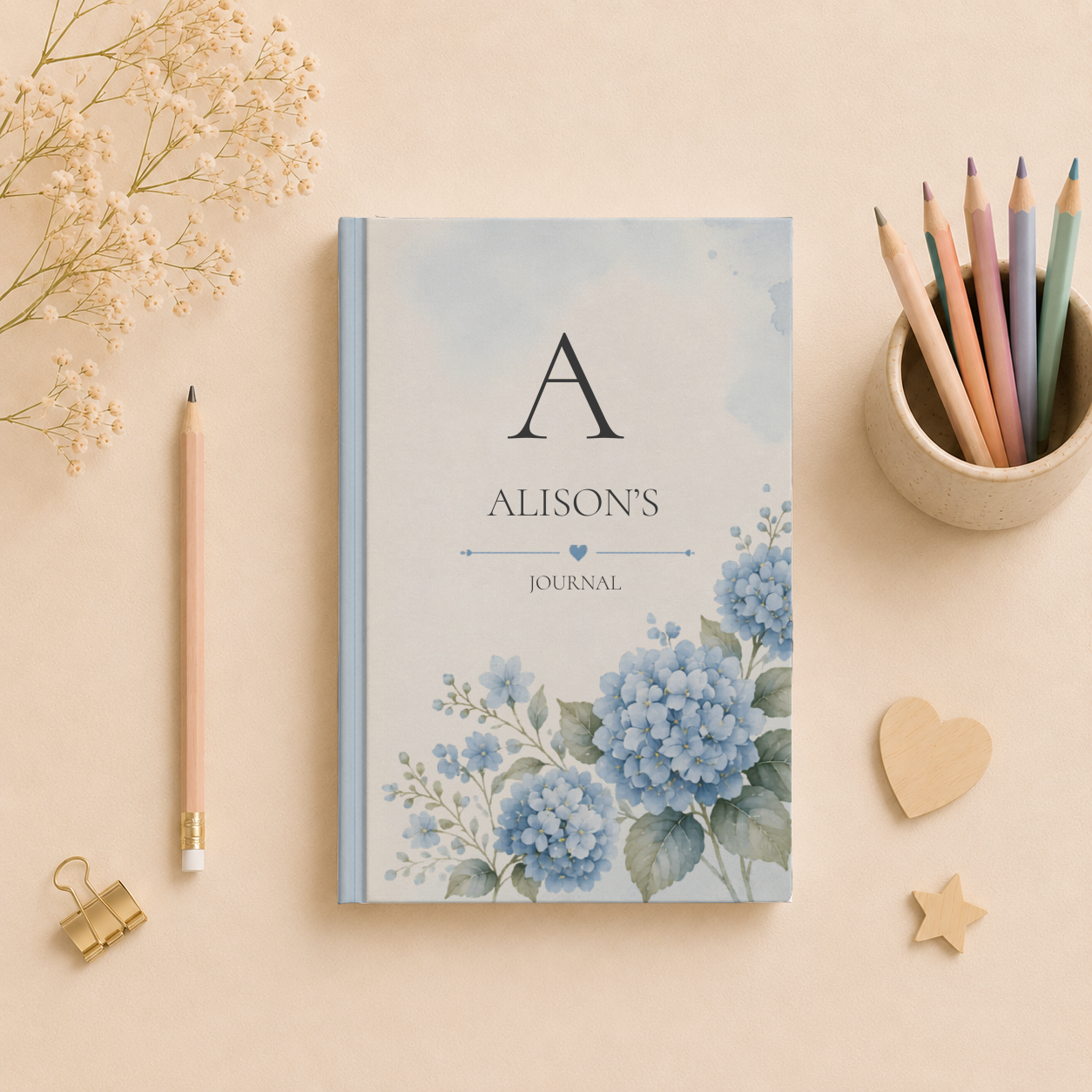 Personalized Hardcover Journal, Custom Floral Notebook, Elegant Gift for Her, Personalized Diary, Blue Hydrangea Design, Women's Stationery