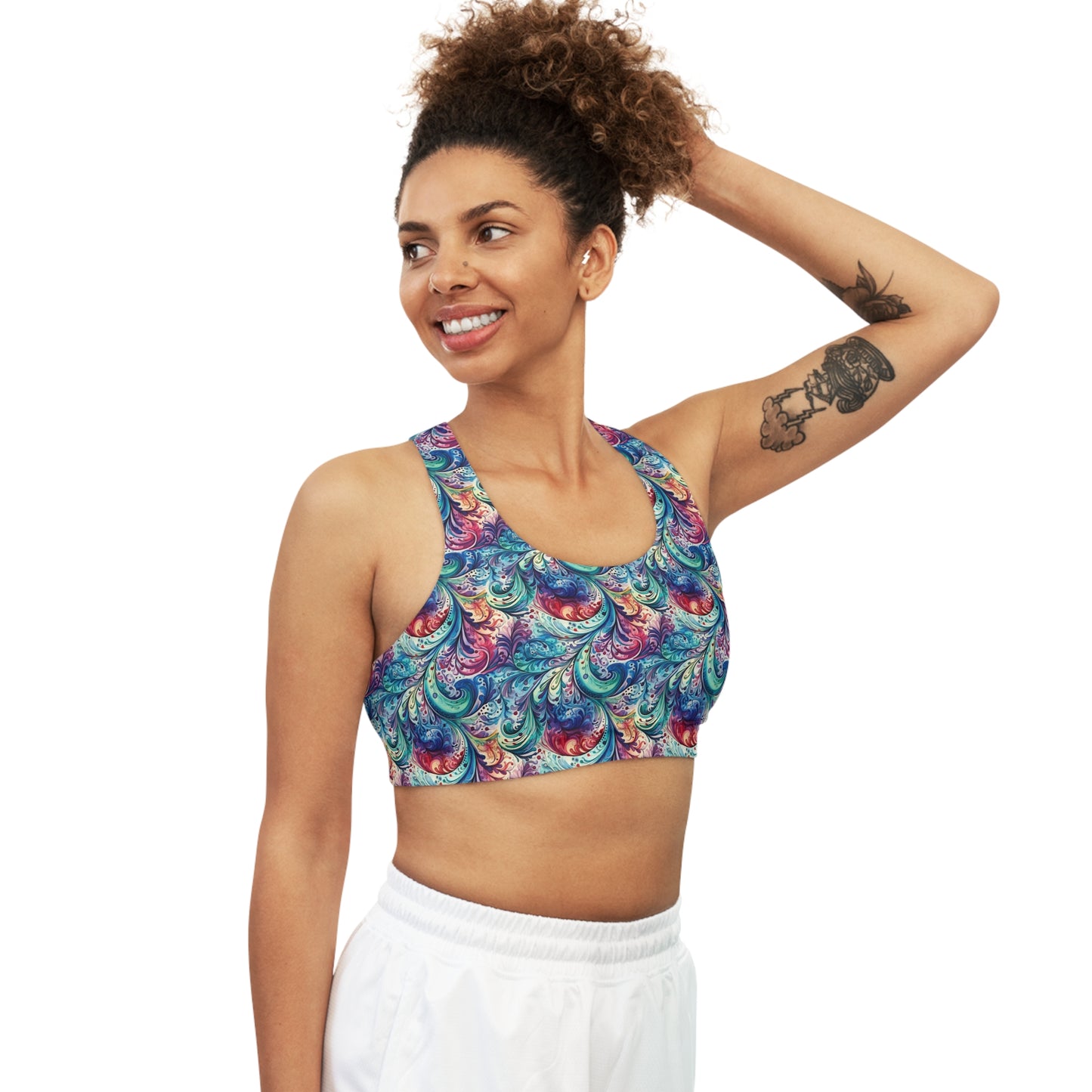 Seamless Sports Bra, Navy Blue Paisley Design