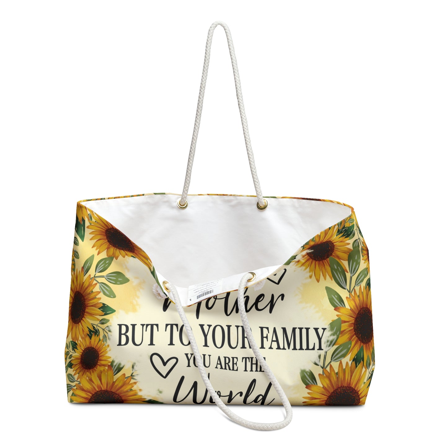 Personalised/Non-Personalised Weekender Bag, Sunflowers, To The World you are a Mother but to your Family you are the World, Large Weekender Bag, Beach Bag, Book Bag