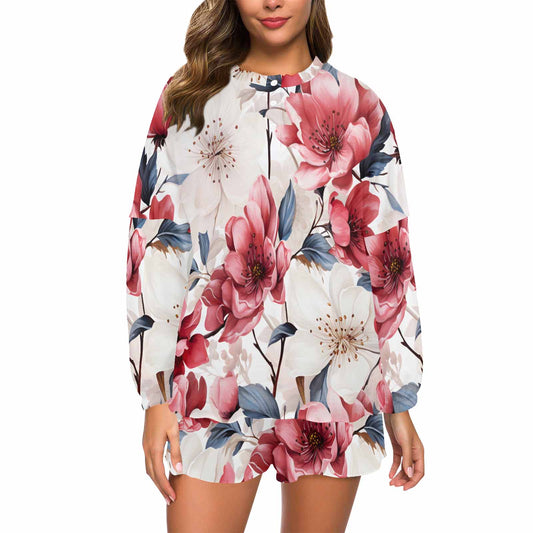 Pink Floral Small  Women's Long Sleeve Pajama Set with Shorts