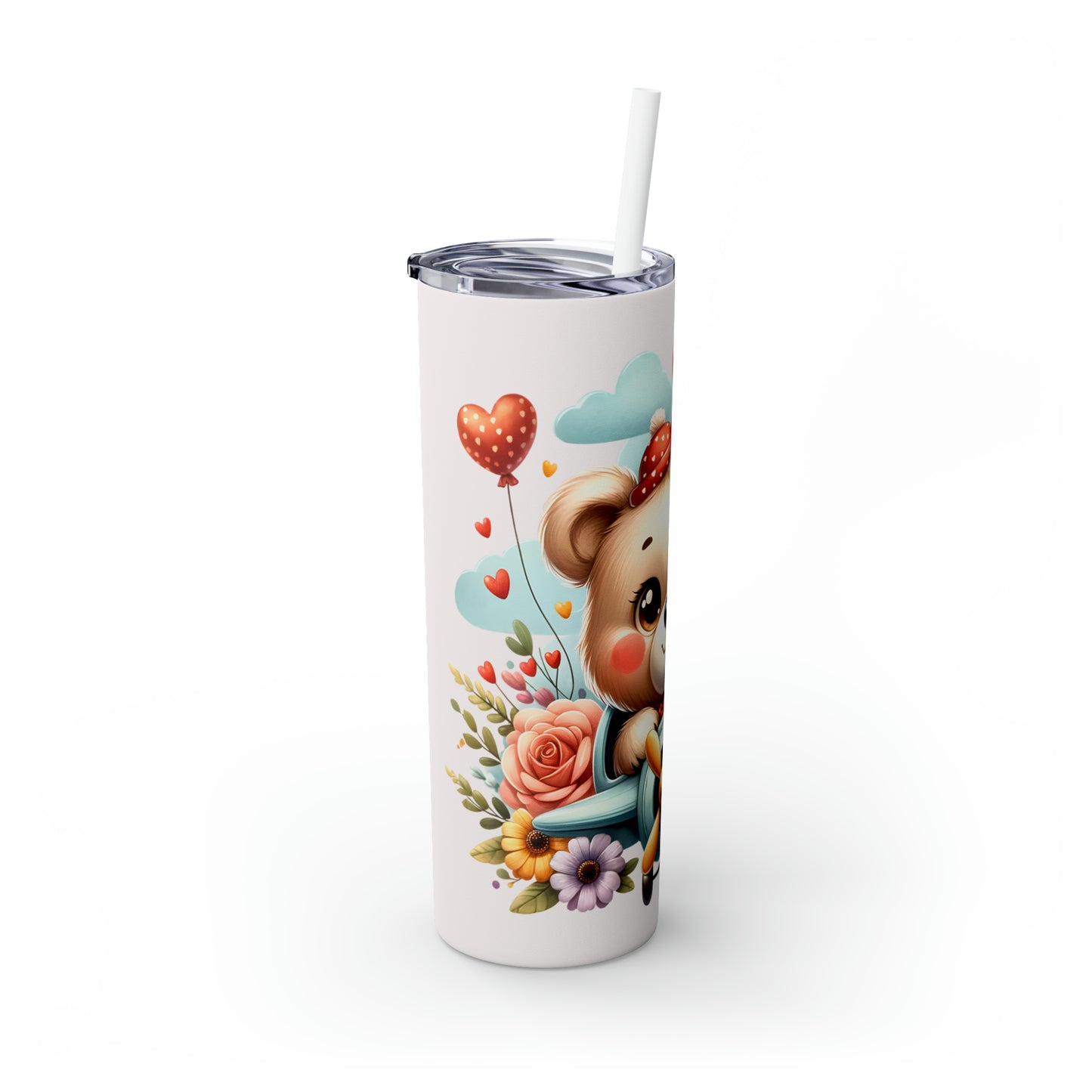 Skinny Tumbler with Straw, 20oz Bear flying Plane