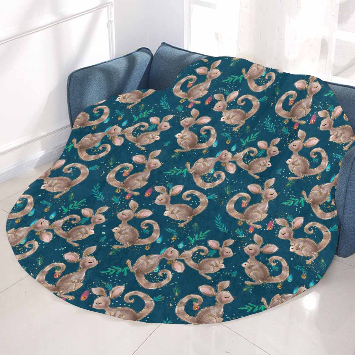 Australian Kangaroos Blue  Circular Micro Fleece Blanket 47"