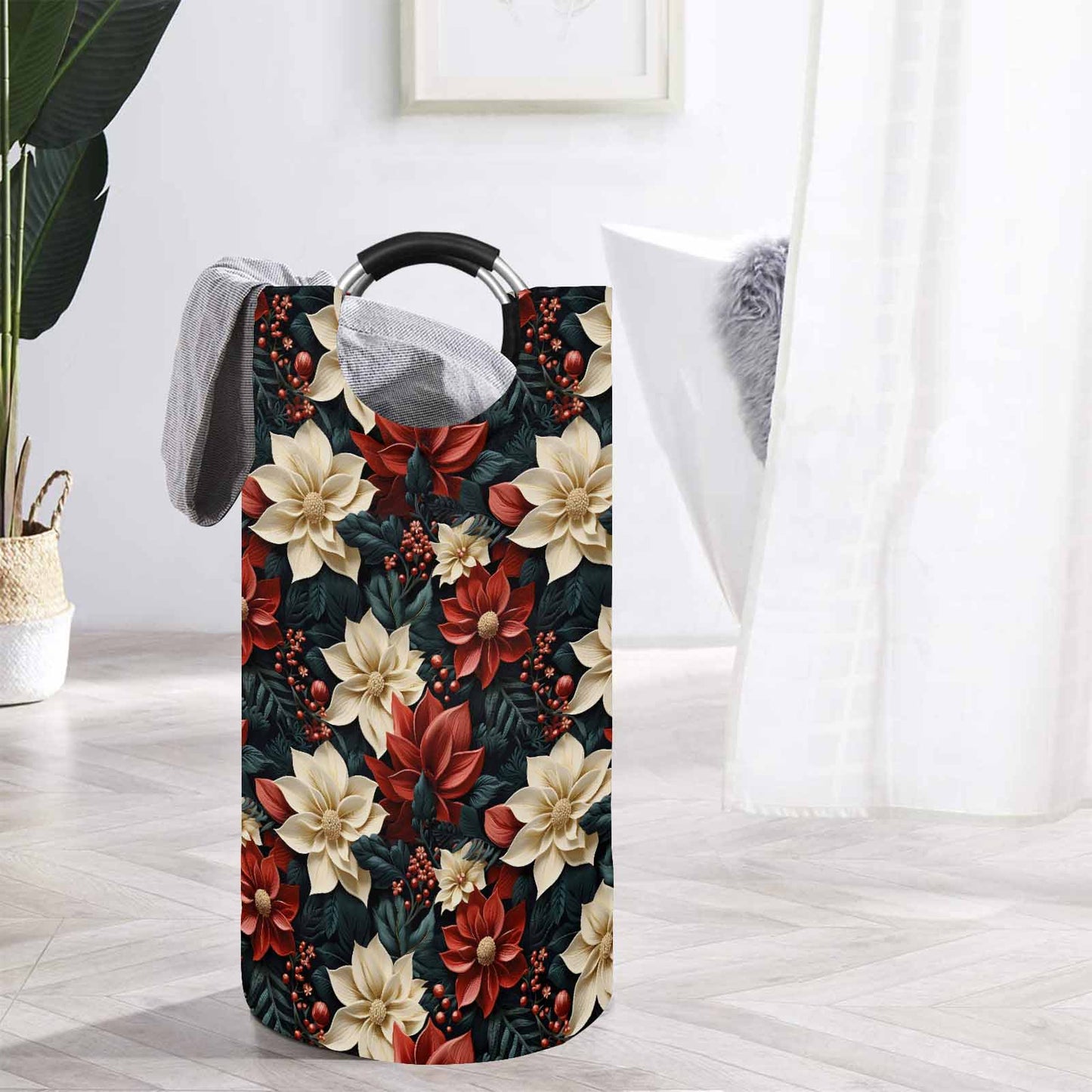 Red Poinsettia  Round Laundry Basket