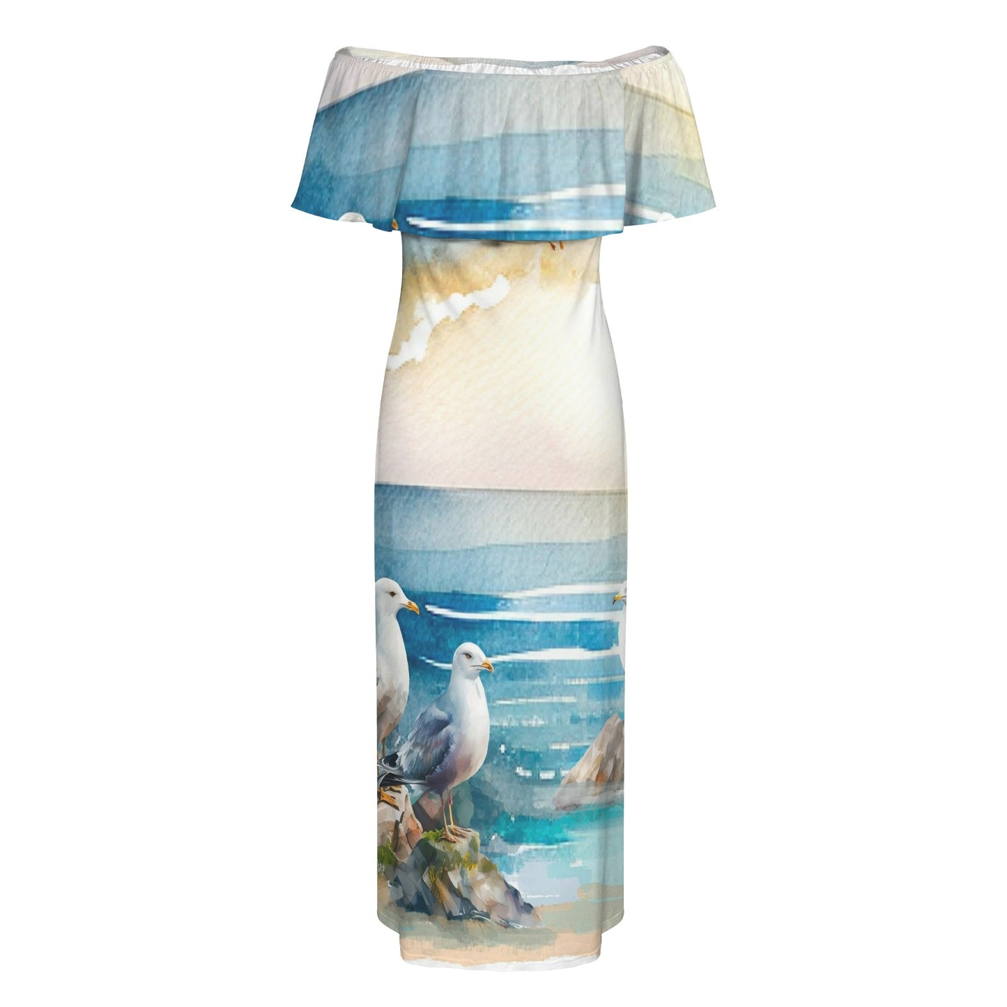 Seascape Women's Off Shoulder Ruffle Boat Neck Dress (Model D71)