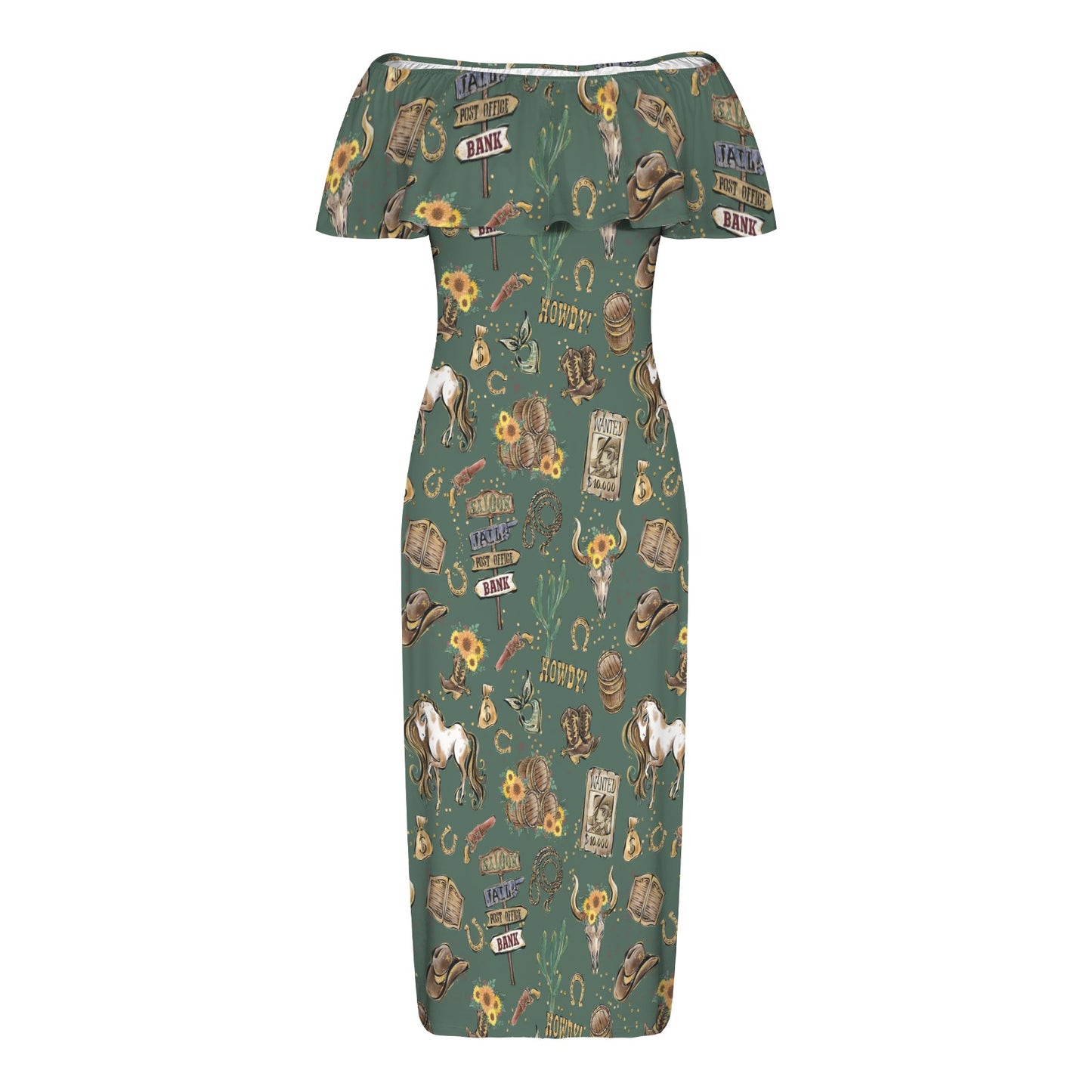 Howdy Cowboy Green Women's Off Shoulder Ruffle Boat Neck Dress (Model D71)