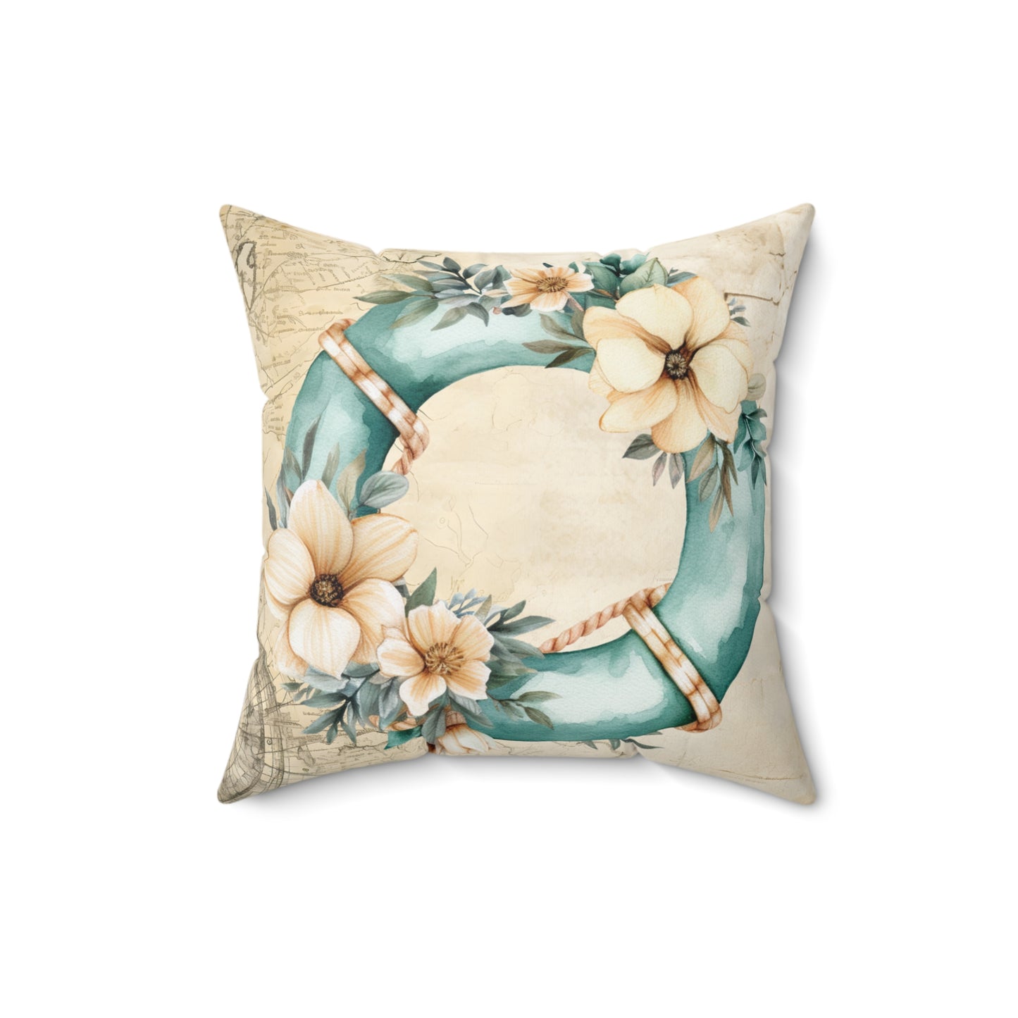 Nautical Polyester Square Cushion, Nautical cushion, Natural Floral Wreath