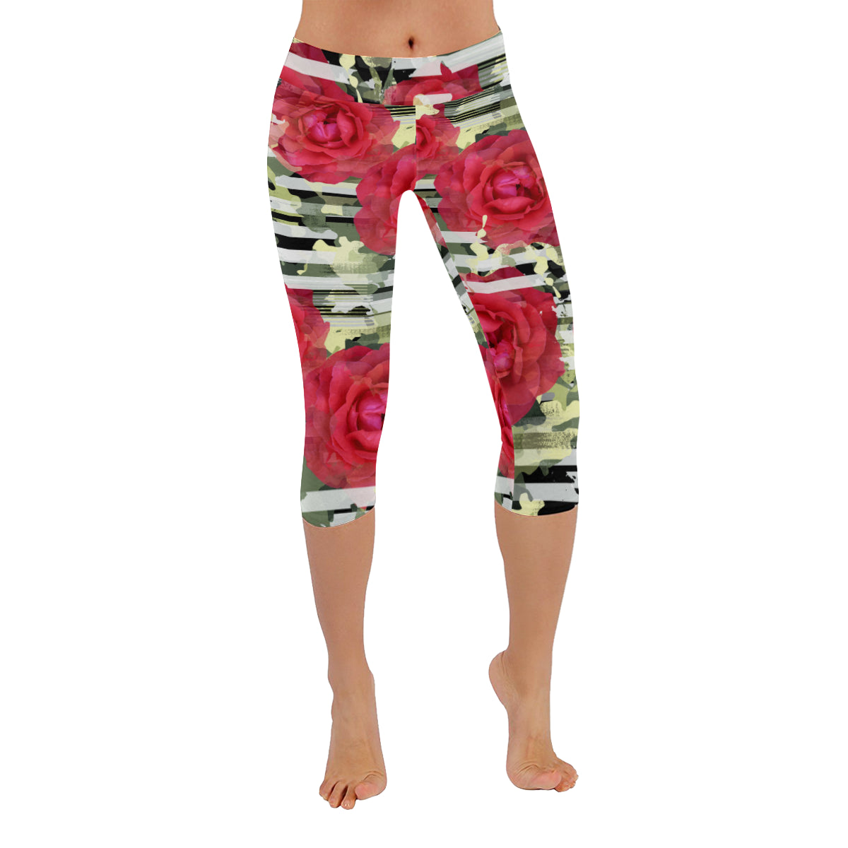 Seamless Pattern Floral Camouflage Striped Women's Low Rise Capri Leggings (Invisible Stitch)