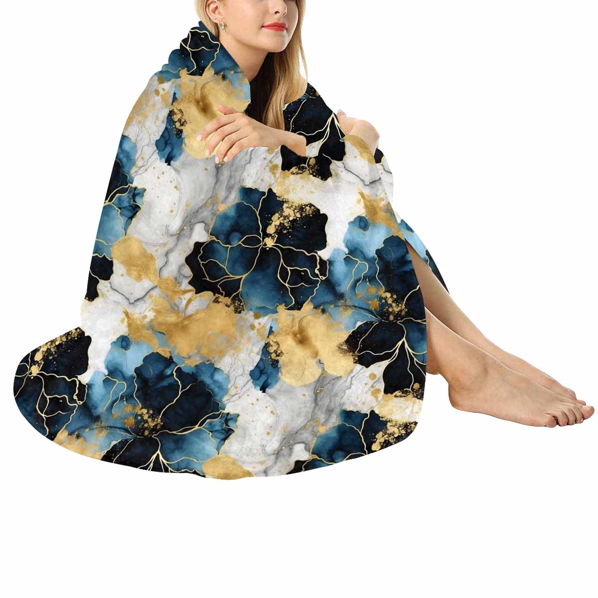 Blue Ink Floral  Circular Micro Fleece Blanket 60"