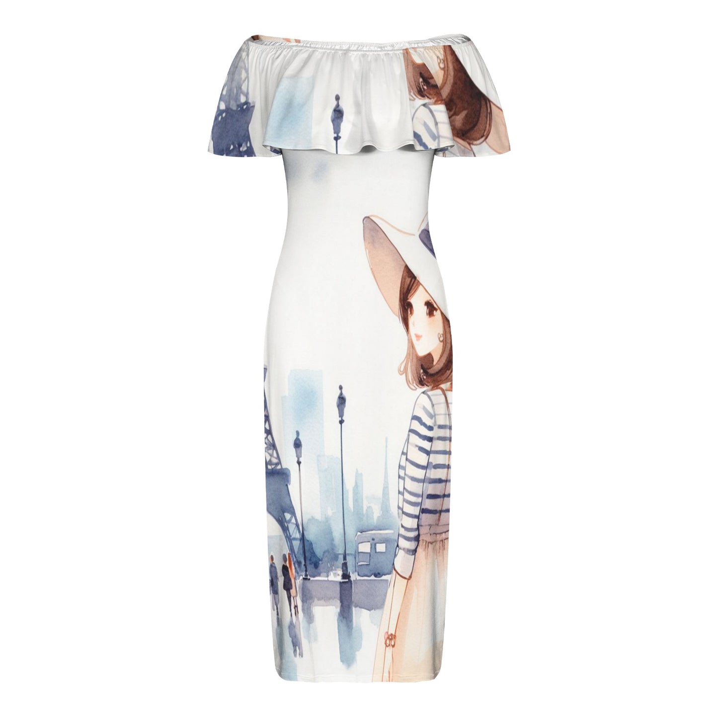 Girl 5 Women's Off Shoulder Ruffle Boat Neck Dress (Model D71)