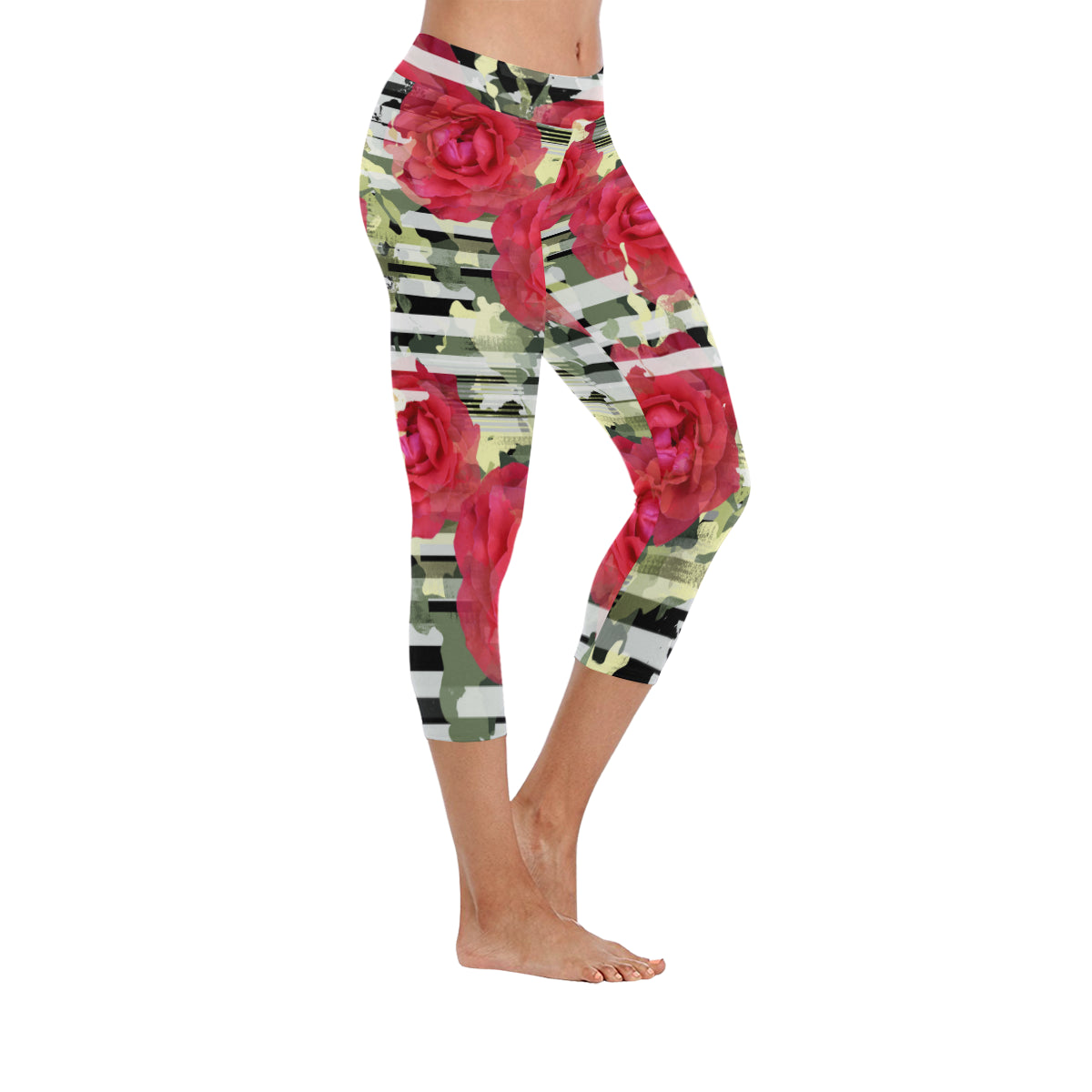 Seamless Pattern Floral Camouflage Striped Women's Low Rise Capri Leggings (Invisible Stitch)