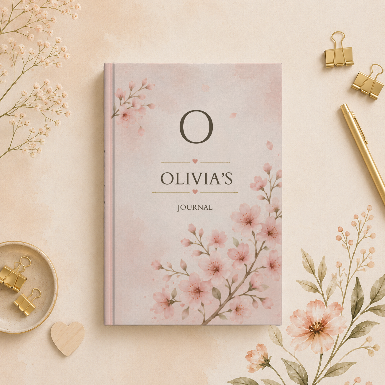 Personalized Floral Journal, Custom Name Notebook, Elegant Pink Blossom Diary, Matte Hardcover, 5.75"x8", Gift for Her