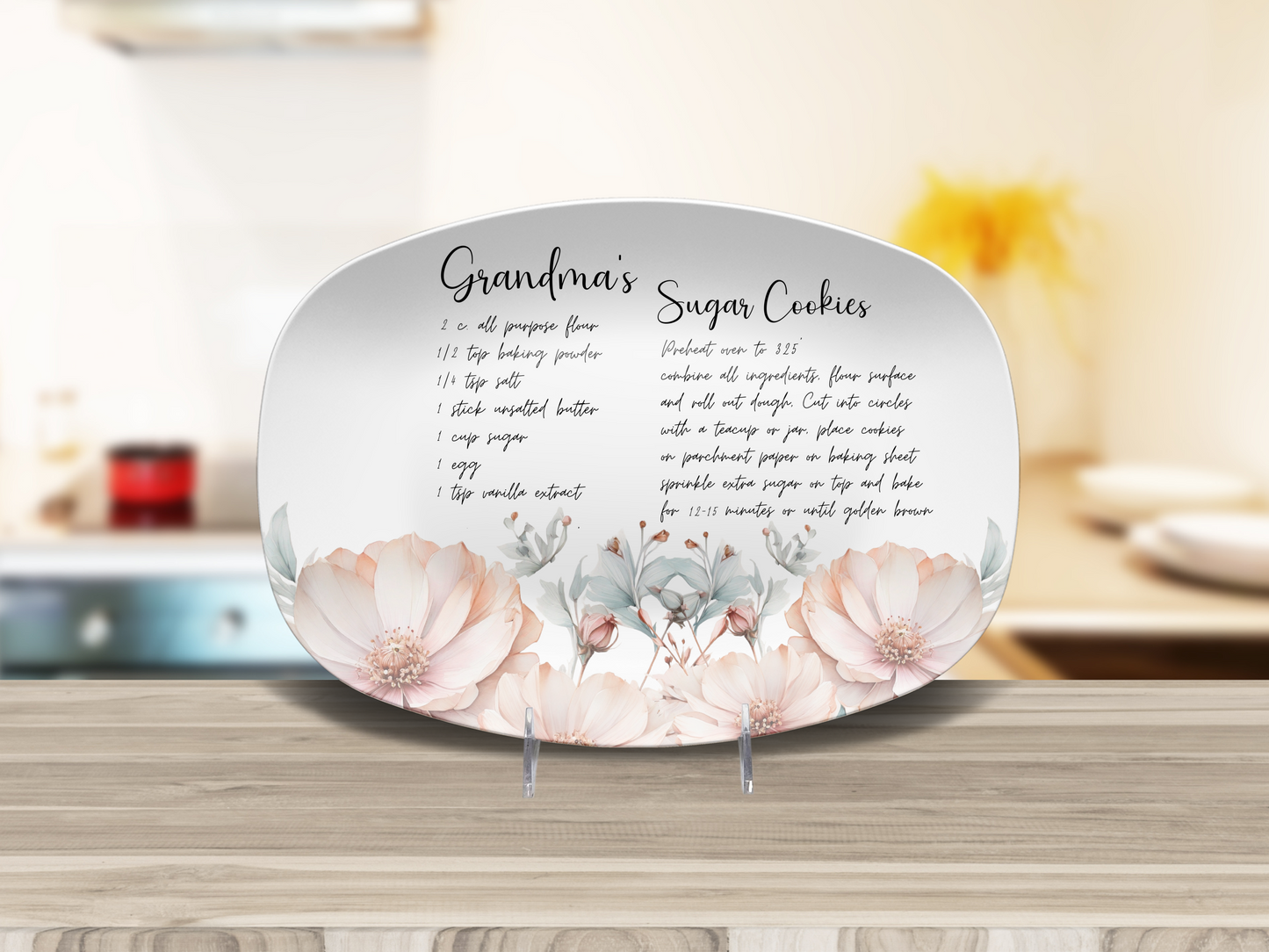 Personalised Teal & Rose Wildflowers Handwritten Family Recipe Heirloom Plate/Platter