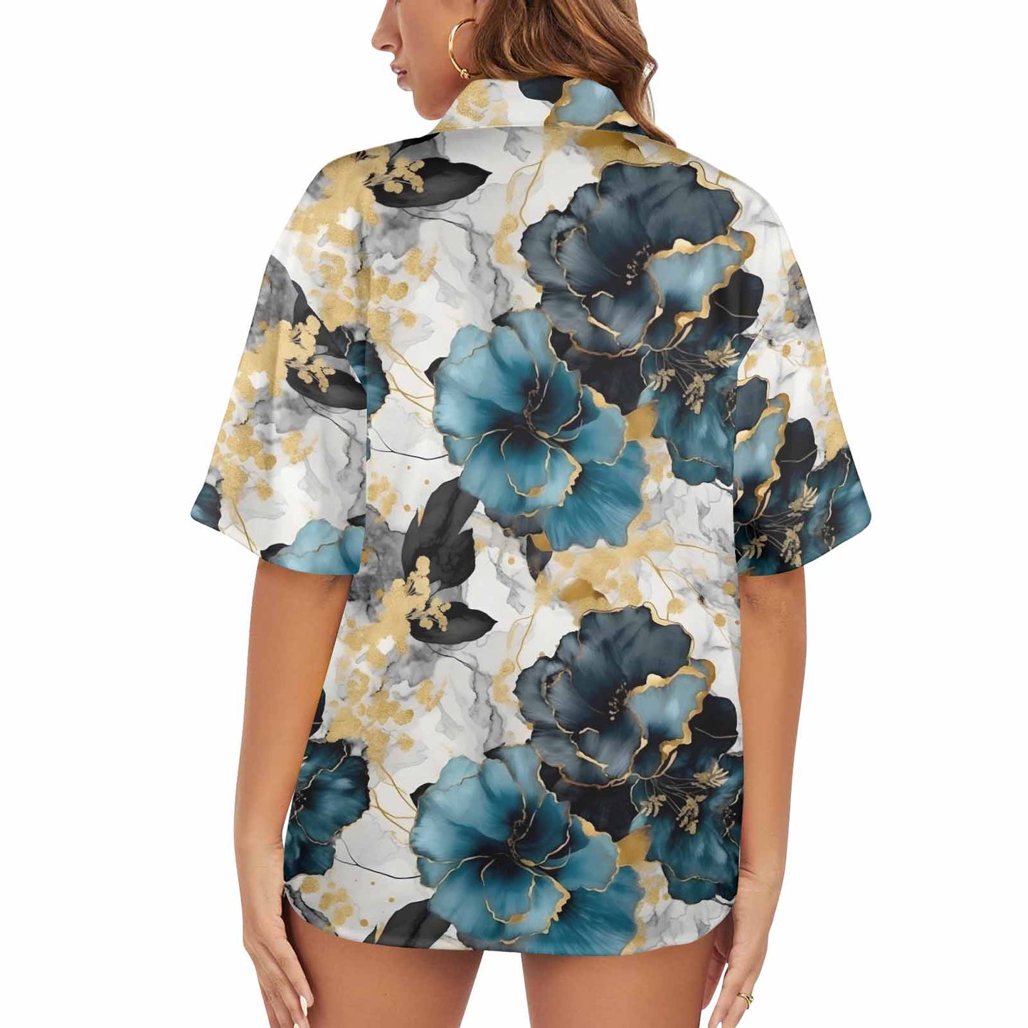 Blue & Gold Ink Floral  Women's Hawaiian Shirt