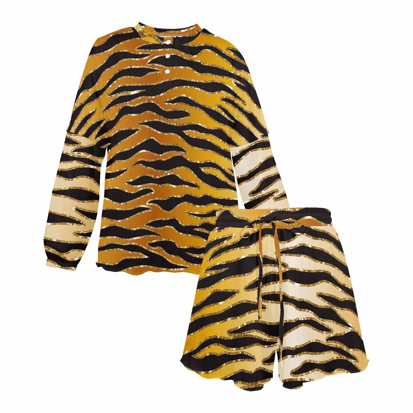 Glitter Gold Animal Print  Women's Long Sleeve Pajama Set with Shorts