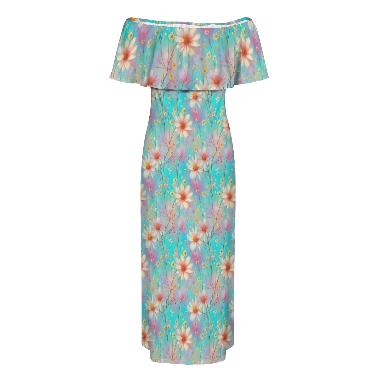 Green Floral Women's Off Shoulder Ruffle Boat Neck Dress (Model D71)