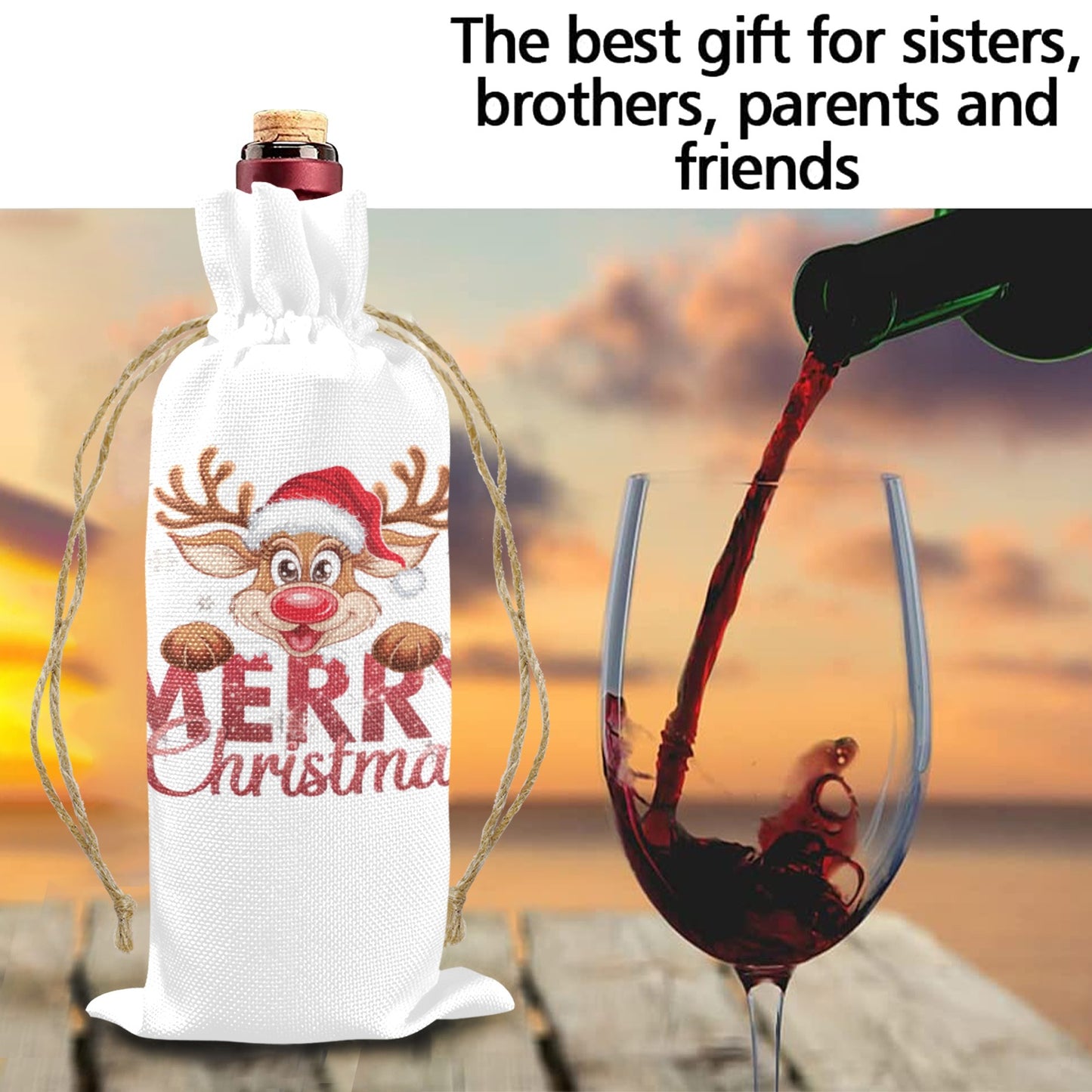 Merry Christmas Reindeer Linen Wine Bottle Bag