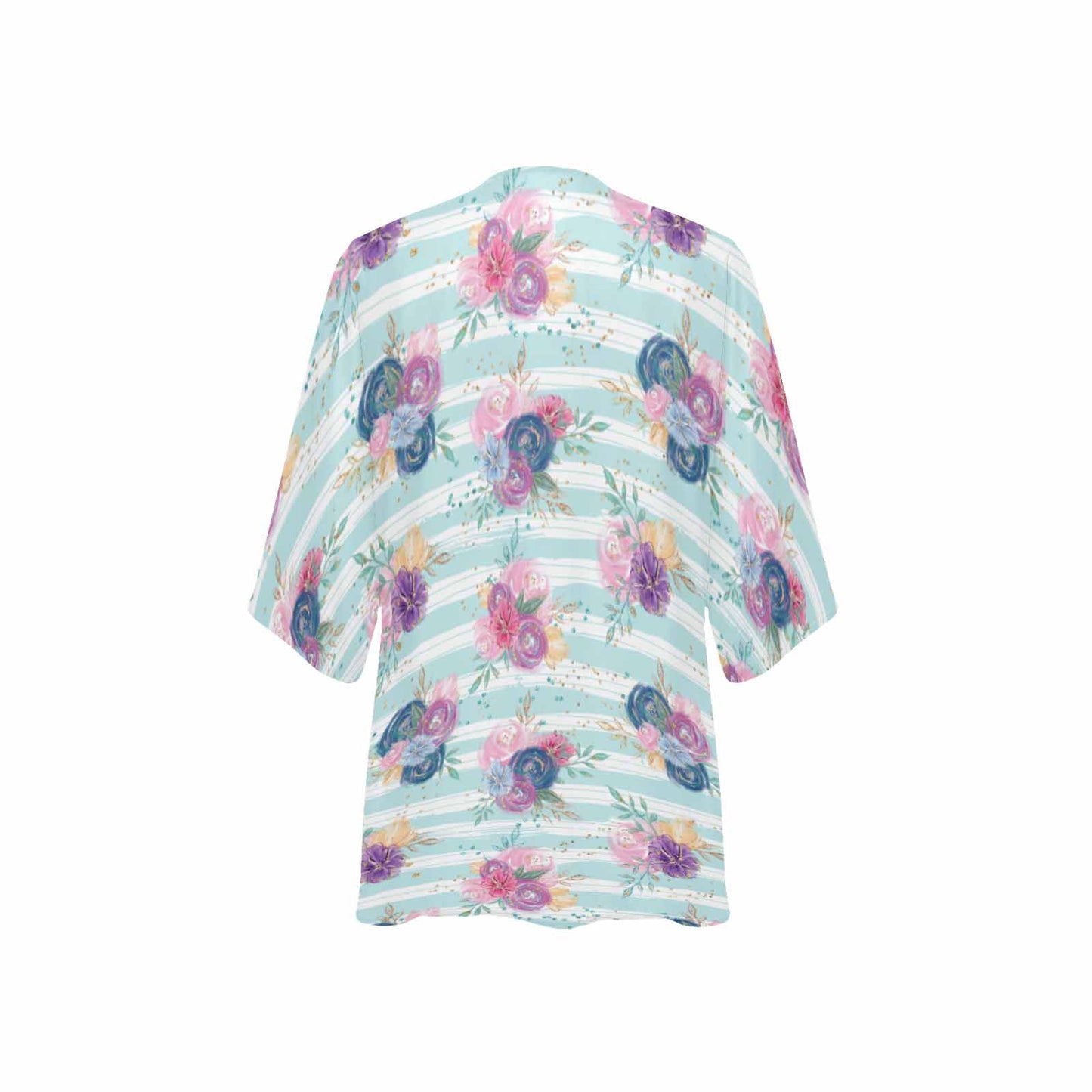 Purple and Pink floral Blue Stripes  Women's Kimono Chiffon Cover Up