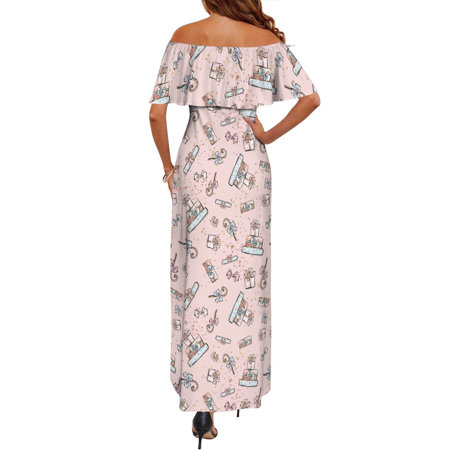 Pink Christmas Presents Women's Off Shoulder Ruffle Boat Neck Dress (Model D71)