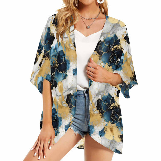 Blue Ink Floral Women's Kimono Chiffon Cover Up