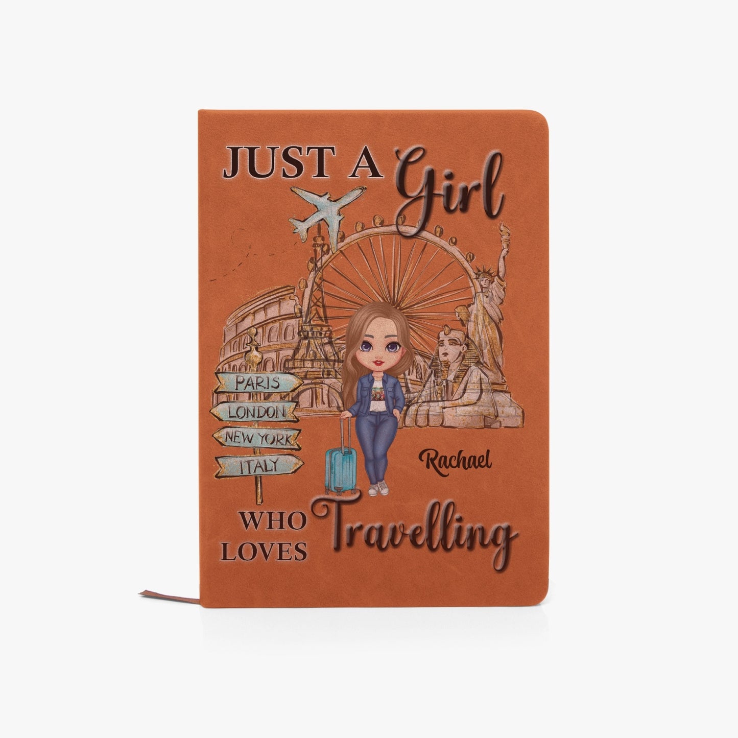 Personalised PU Leather Journal Notebook, Just a Girl who loves Travelling, Brunette Hair