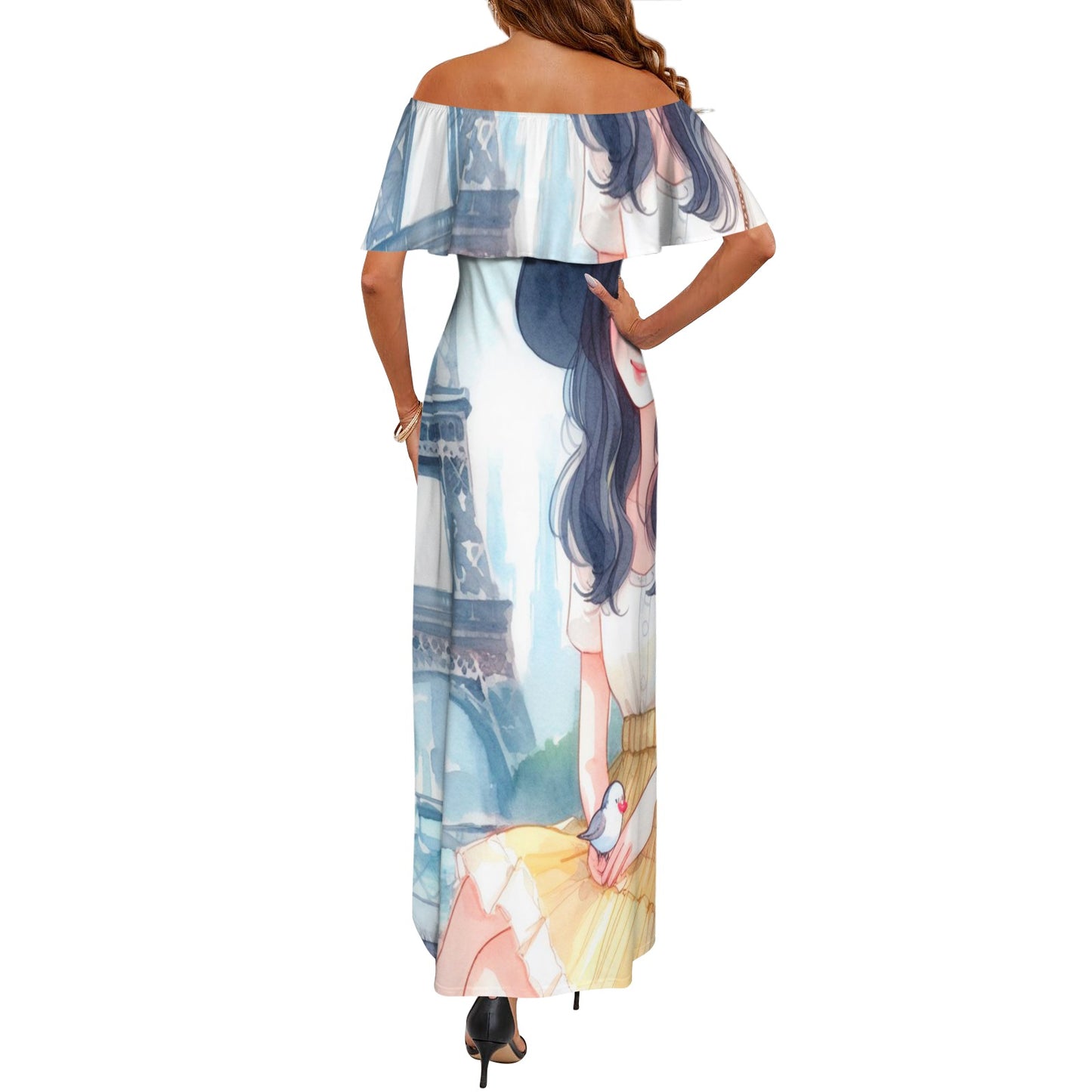 Girl 4 Women's Off Shoulder Ruffle Boat Neck Dress (Model D71)
